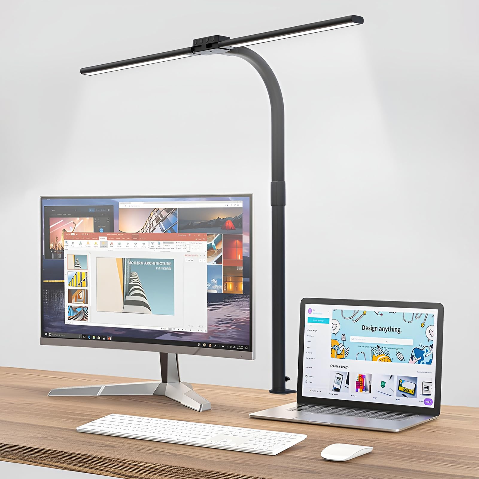 Syfunlv Schreibtischlampe LED Dimmbar,Schreibtischlampe,24W,1200lm Augenschutz Büro Tischlampe, USB Ladefunktion,Doppelkopf Schreibtischlampe Mit Schwenkarm,für Homeoffice