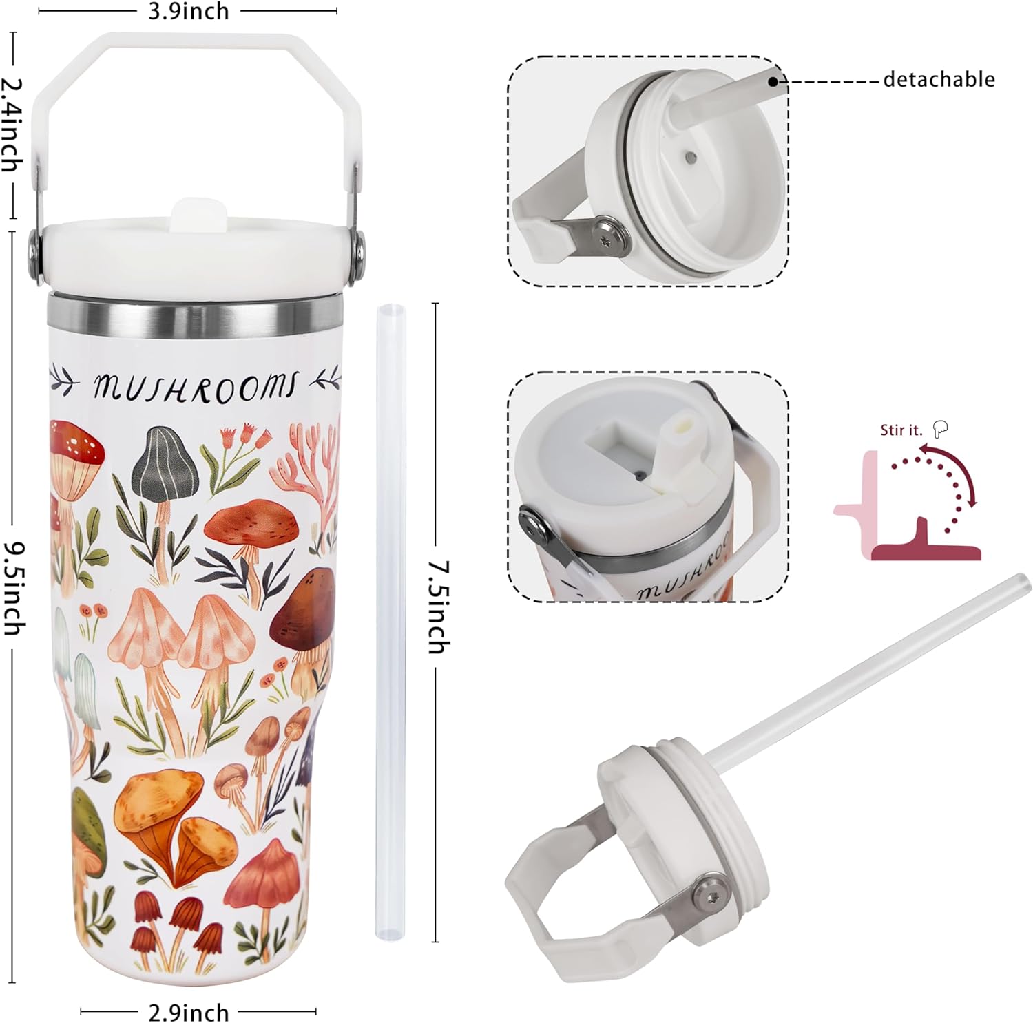 30 oz Mushroom Tumbler with Straw Handle, Cute Mushroom Gifts for Women Men, Stainless Steel Insulated Water Bottle Coffee Cups for Home Office Travel - Image 3