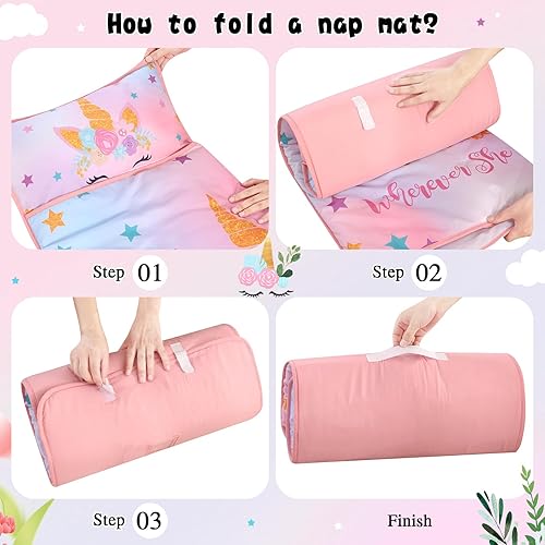 Miniatura 5 de Wowelife Tapete para siesta de unicornio, tapete para siesta para niñas pequeñas con almohada extraíble y manta de vellón, saco de dormir para