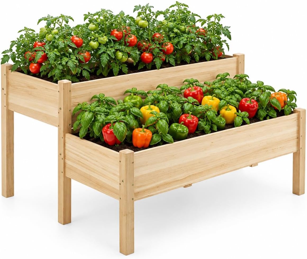 Yaheetech 47x41x30in Wooden Raised Garden Bed Horticulture Outdoor 2 Tiers Elevated Planter Grow Box for Herb with Legs & Drainage Holes