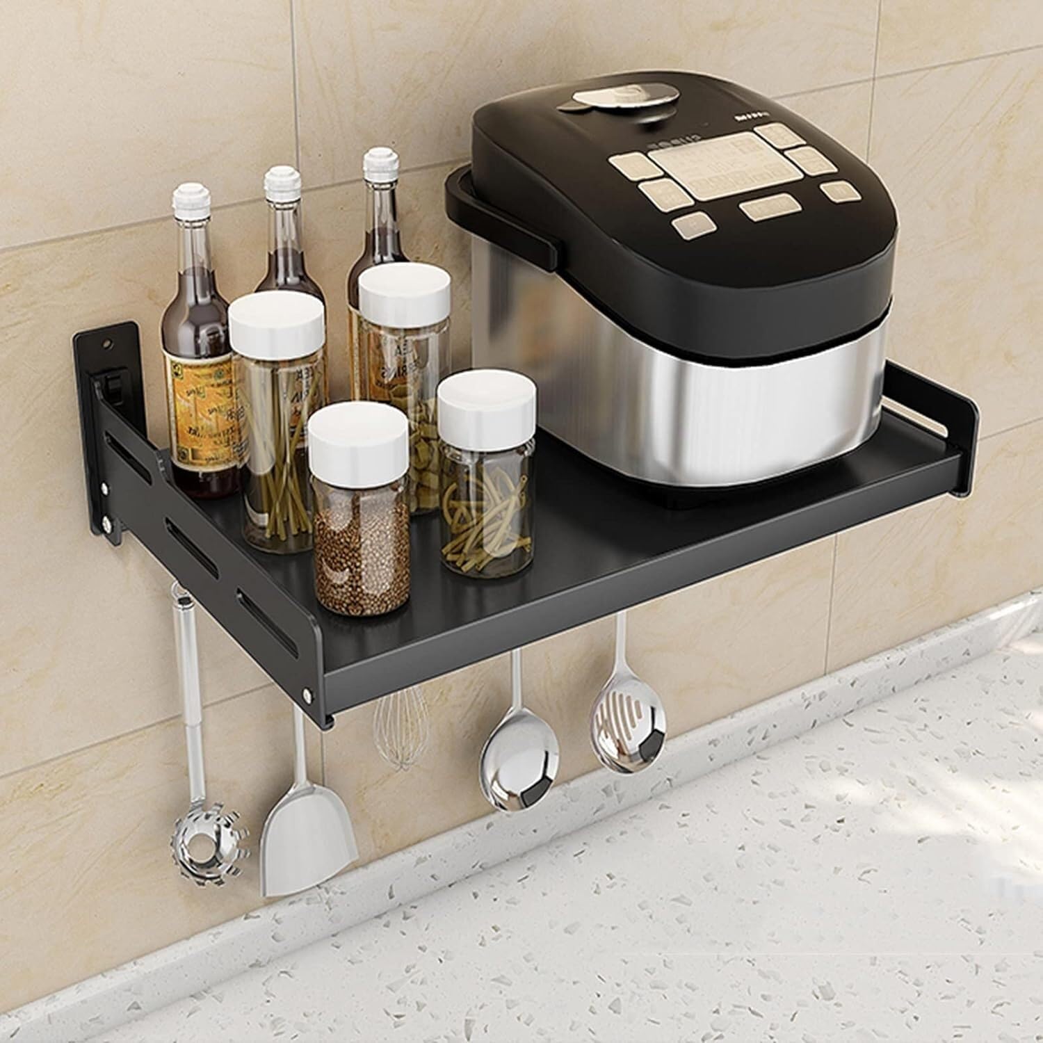 YNIYUJKL Spice Rack Spice Organizer Spice Shelf Wall Mounted Spice Rack Wall Mount Bowl Holder Kitchen Dish Rack Hanging Drying Plate Organizer Storage Shelf With Hooks Seasoning,Black-52cm