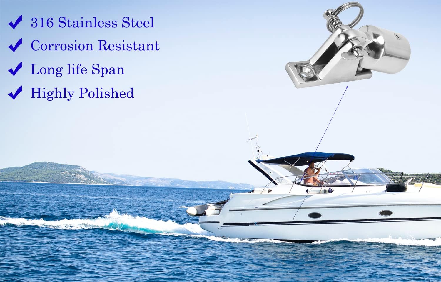 Bimini Top Hardware, Deck Hinge with Quick Release Pin, Eye End Cap, 316 Stainless Steel (2 Pair)