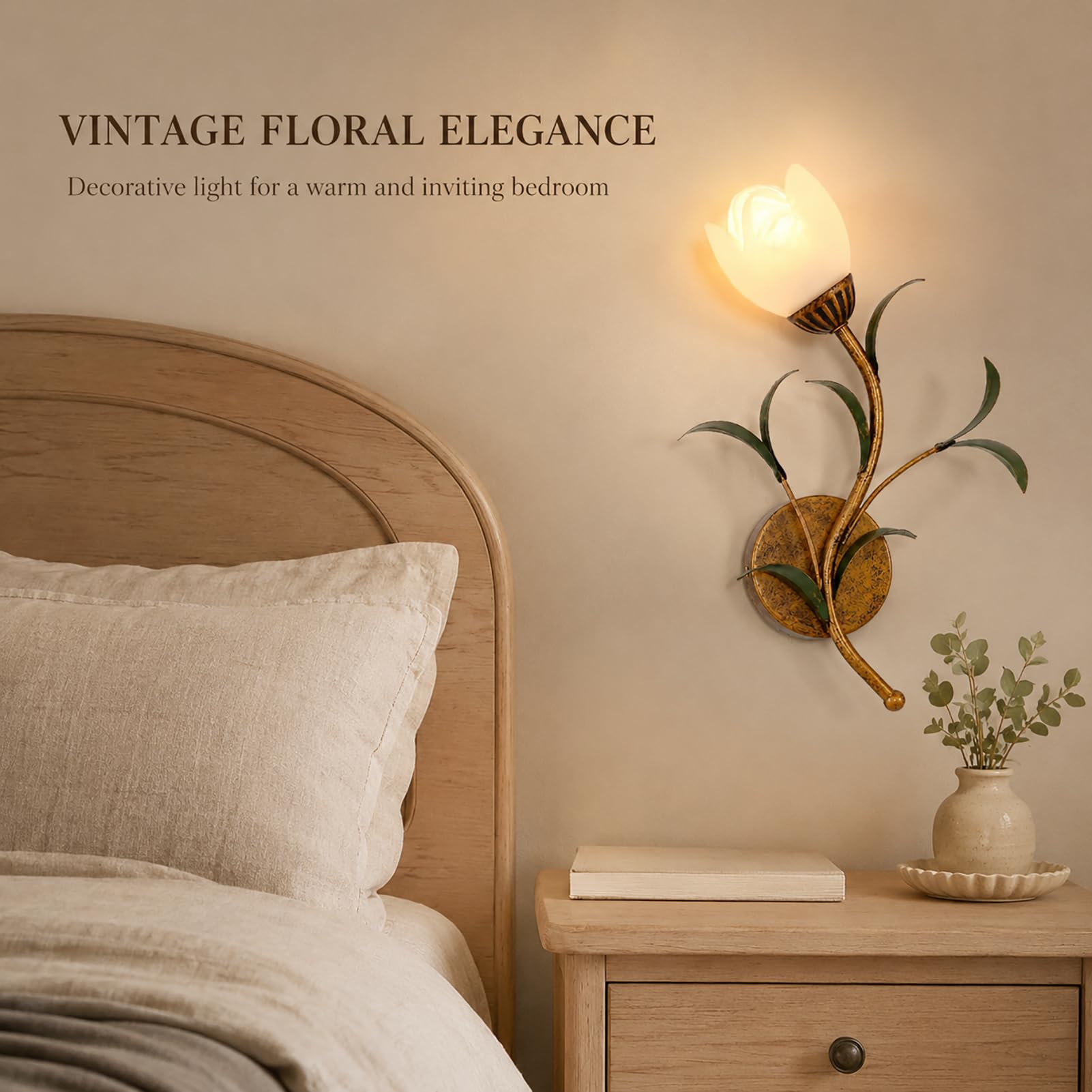 Vintage Blumen-Wandleuchte E14 inkl. 12W LED, Wandlampe aus Glas und Eisen, 3 Lichtfarben 3000K/4500K/6000K, kupferfarben für Schlafzimmer Wohnzimmer Flur,Left | 1