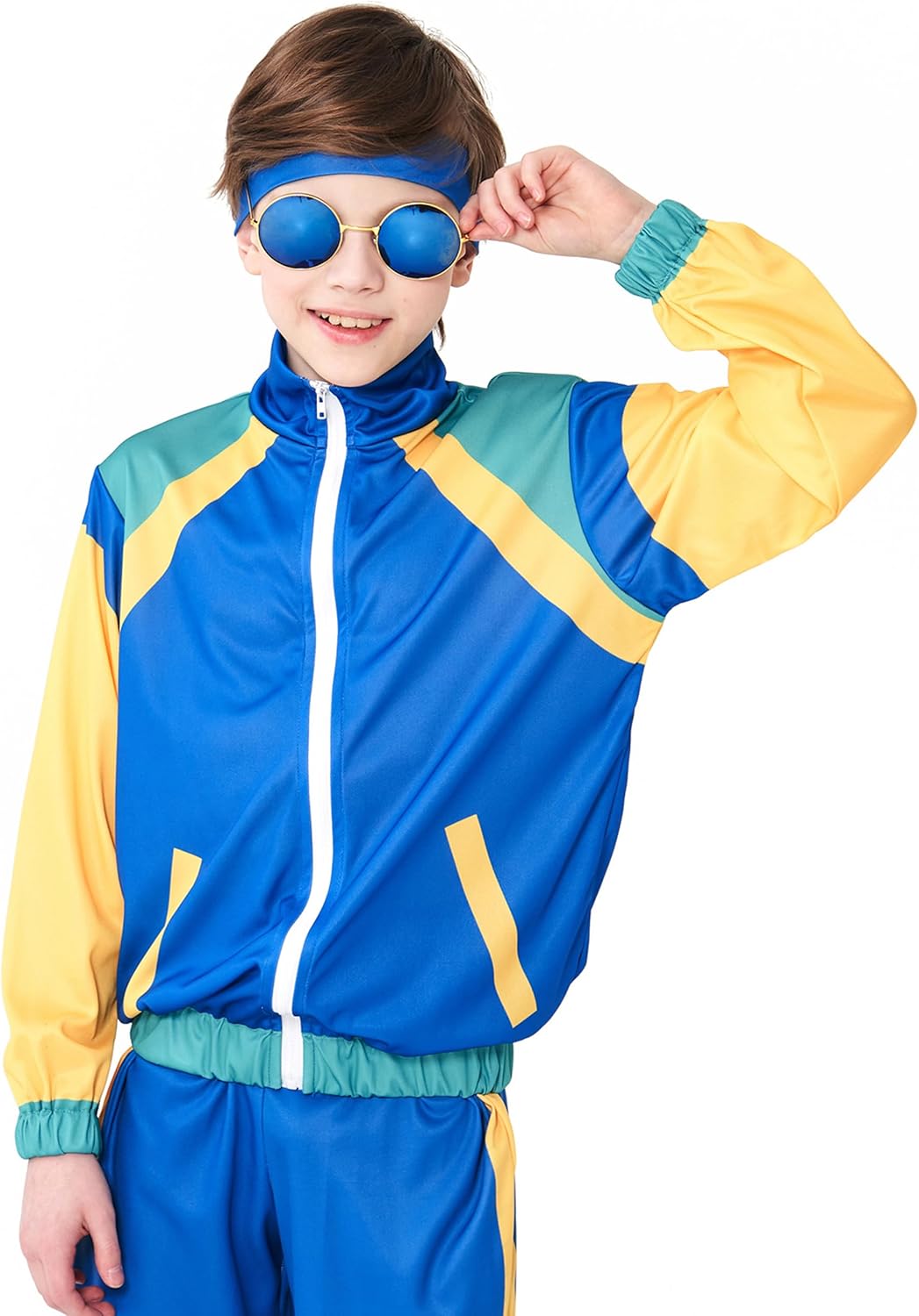 Kids 80s Retro Tracksuit Costume Outfit Jacket Pants Headband Set Vintage Dance Party Performance Wear Unisex