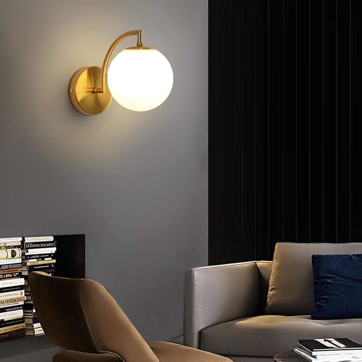 SeeU Mid Century Wall Sconce Set of Two,Modern Style Gold Wall Lamp Fixture with Milky Globe, Bedside Wall Sconce Brass Wall Lamp for Home Decor Set of 2