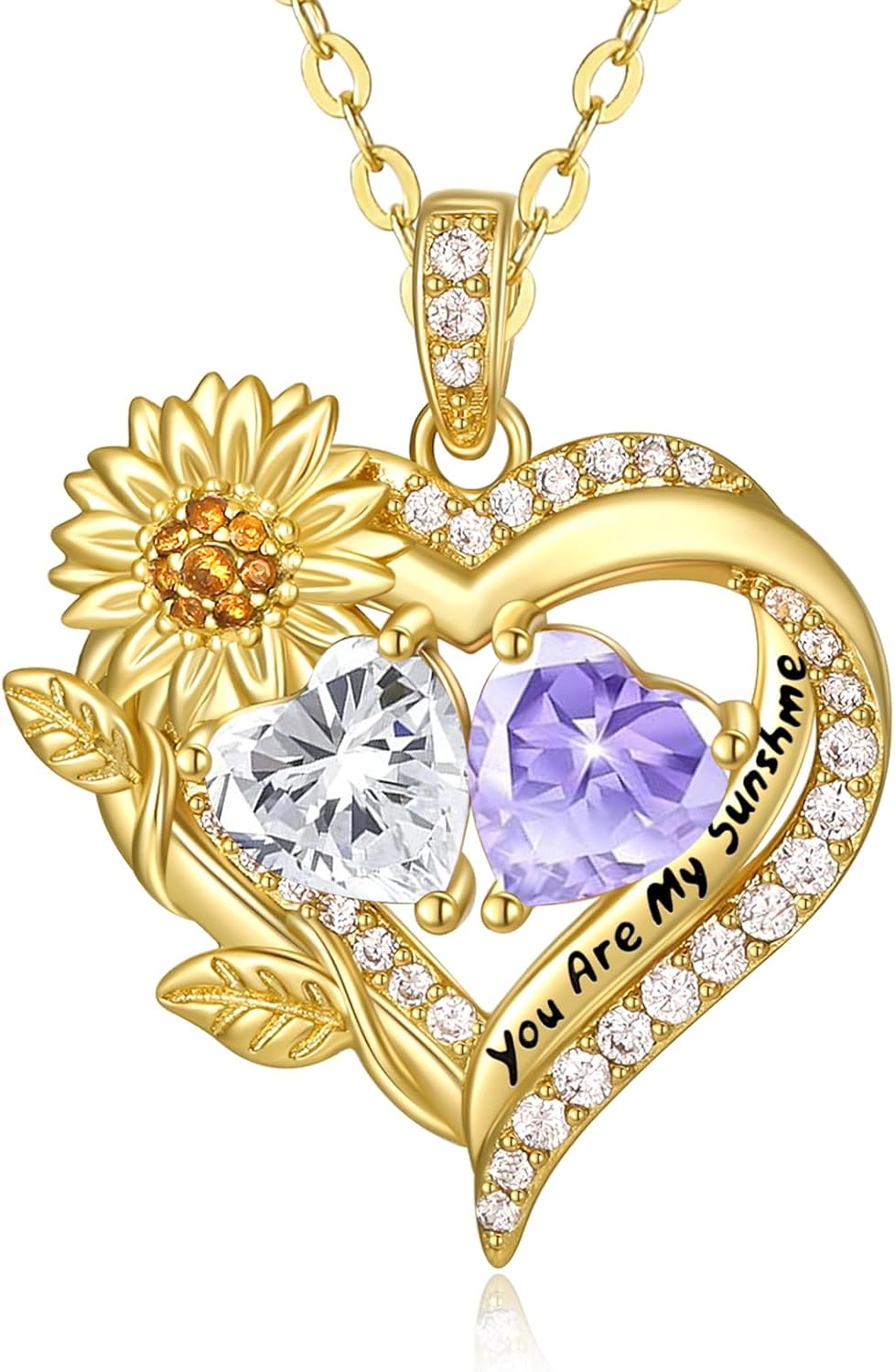 Sunflower Heart Necklace for Women 14K Gold Exquisite Valentines Day Anniversary Birthday Gifts for Wife Mother Her Double Birthstone Pendant Jewelry‘You Are My Sunshine’