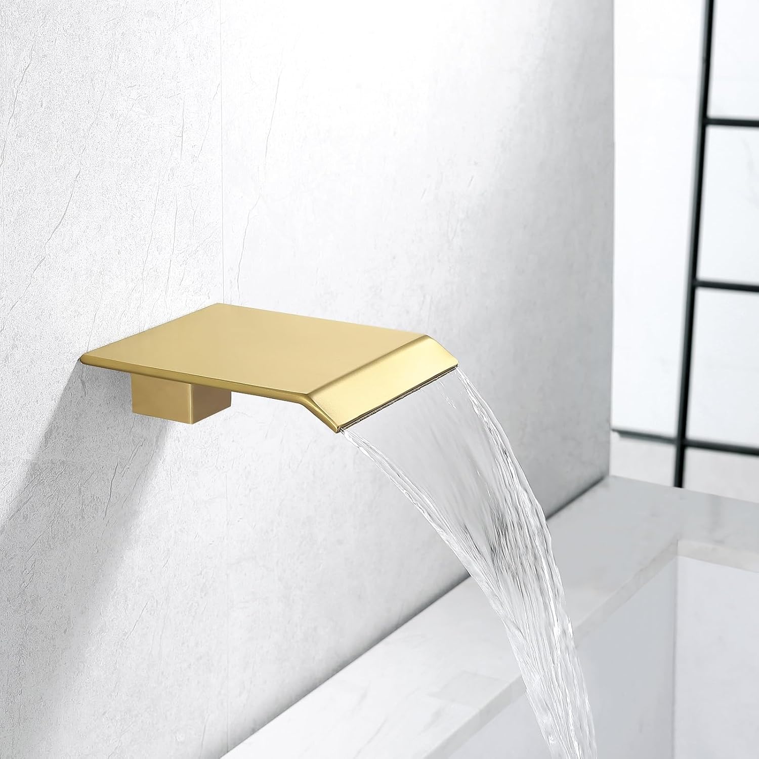 JOYWELL Brushed Gold Bathtub Spout 5 Inches Larger Flow Rate Wall Mount Waterfall Tub Faucet Non-Diverter Bath Spout