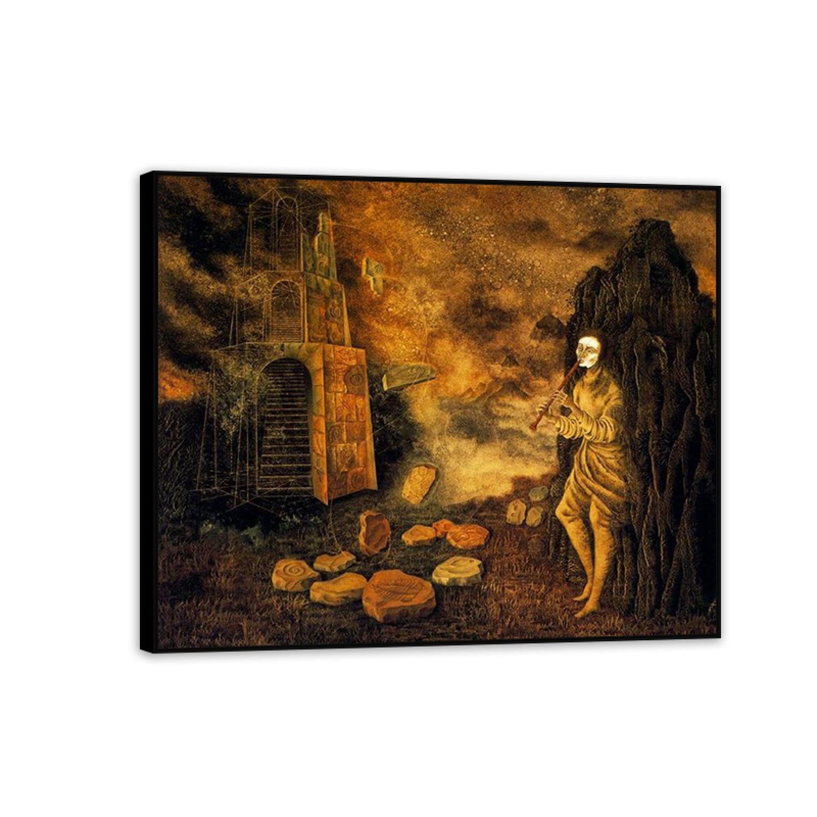 MYCGGDGH Remedios Varo Canvas Wall Art Reproductions of Famous Paintings The flautist Surrealist Canvas Painting Wall Decor for Living Room Bedroom Home Decor 65x50cm(26x19in) Black Framed