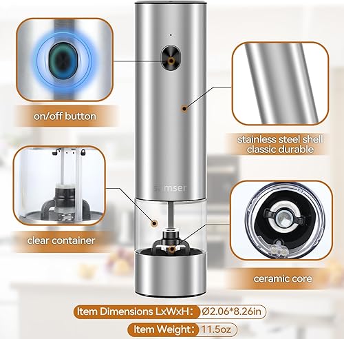 Miniatura 4 de Juego de molinillo de pimienta eléctrico de acero inoxidable y molino de sal, funciona con pilas, operación con una sola mano, grosor ajustable, luz