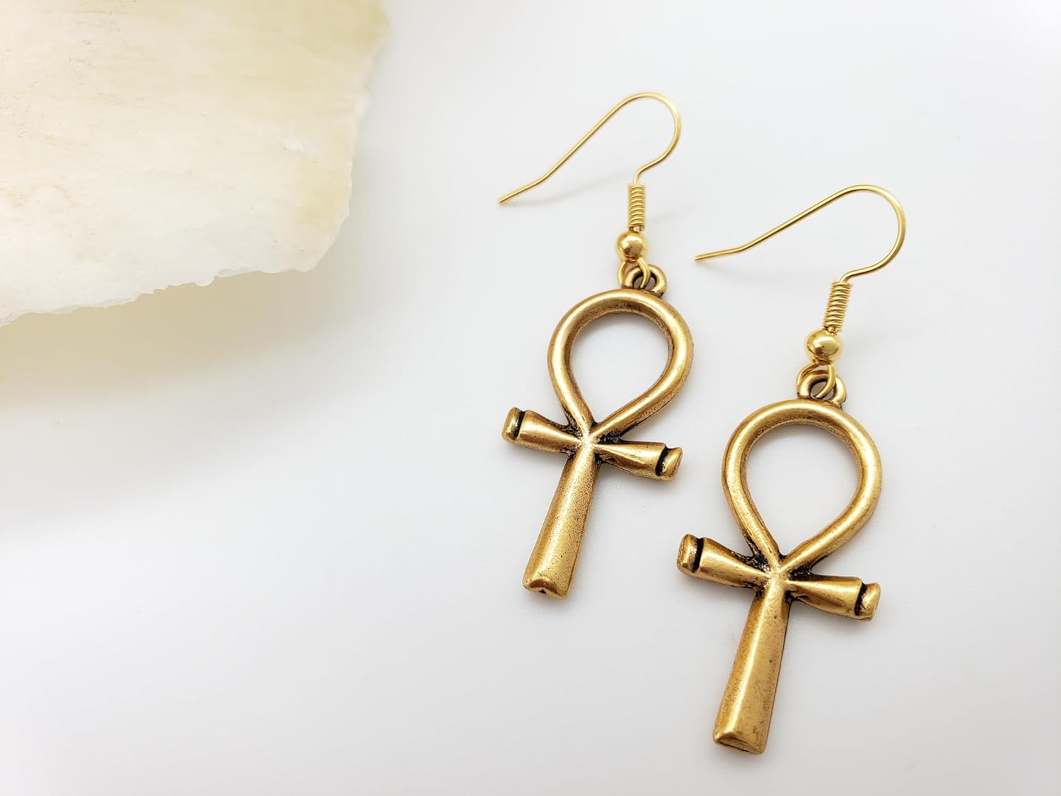 Egyptian Ankh Earrings - Antique Gold-Plated Finish - Made in the USA