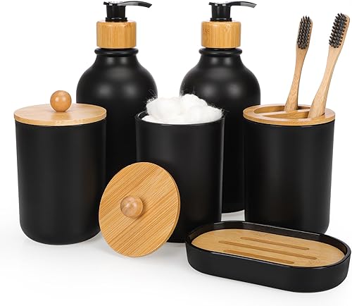 Fixwal Juego de 6 accesorios de baño de bambú negro mate, soporte para cepillos de dientes, dos dispensadores de jabón, jabonera y dos frascos de