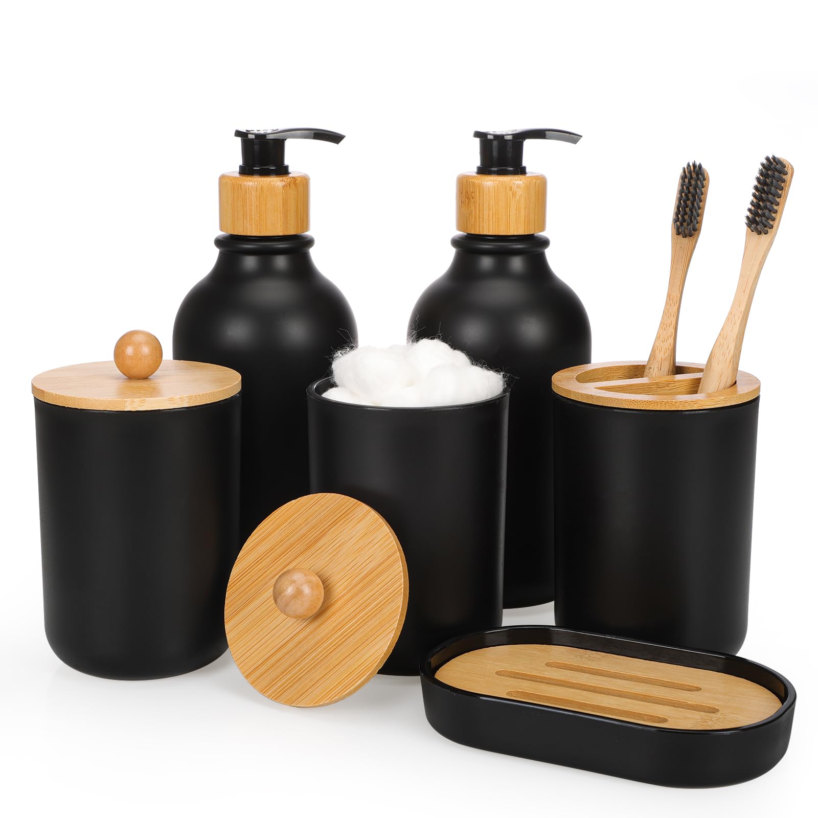 Fixwal Bamboo Bathroom Accessories Set, 6pcs Bathroom Accessory Set with Toothbrush Holder, Two Soap Dispenser, Soap Dish, Two Plastic Qtip Medicine Jars with Bamboo Lid, Black Matte