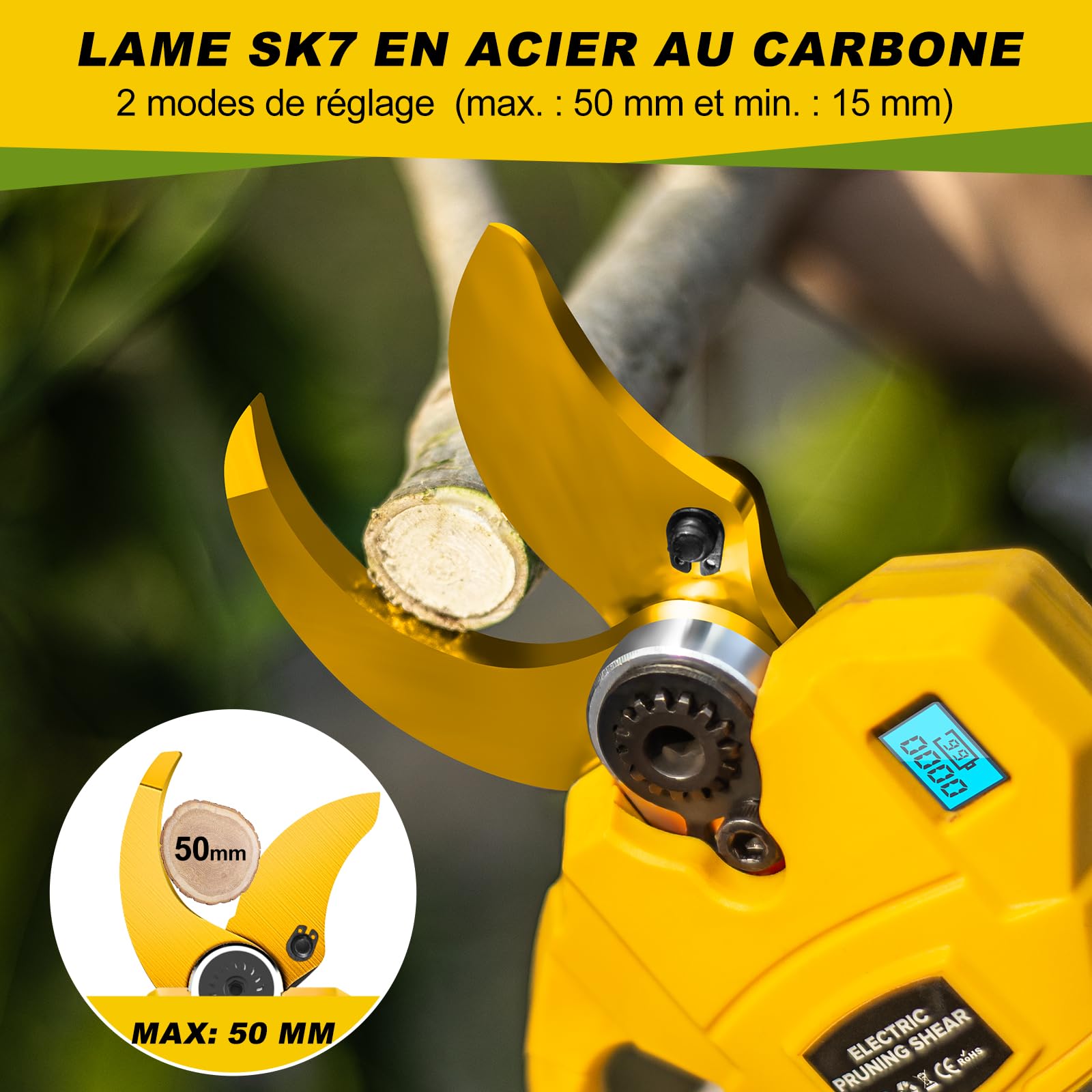 Secateur Electrique sans Fil 50mm, Secateur Electrique Batterie 2 * 2000 mAh, Sécateur électrique avec Écran avec pour la taille, les arbres fruitiers, le jardinage et le vignoble