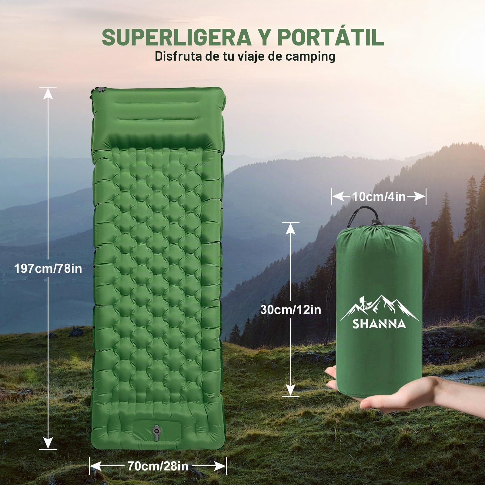 SHANNA Colchoneta De Camping Inflable Automática: Extra Gruesa 12 Cm Ultraligera Colchoneta Inflable Automática Conectable 50D Aislada con Almohada para Senderismo, Excursiones, Tienda (Verde Oliva)