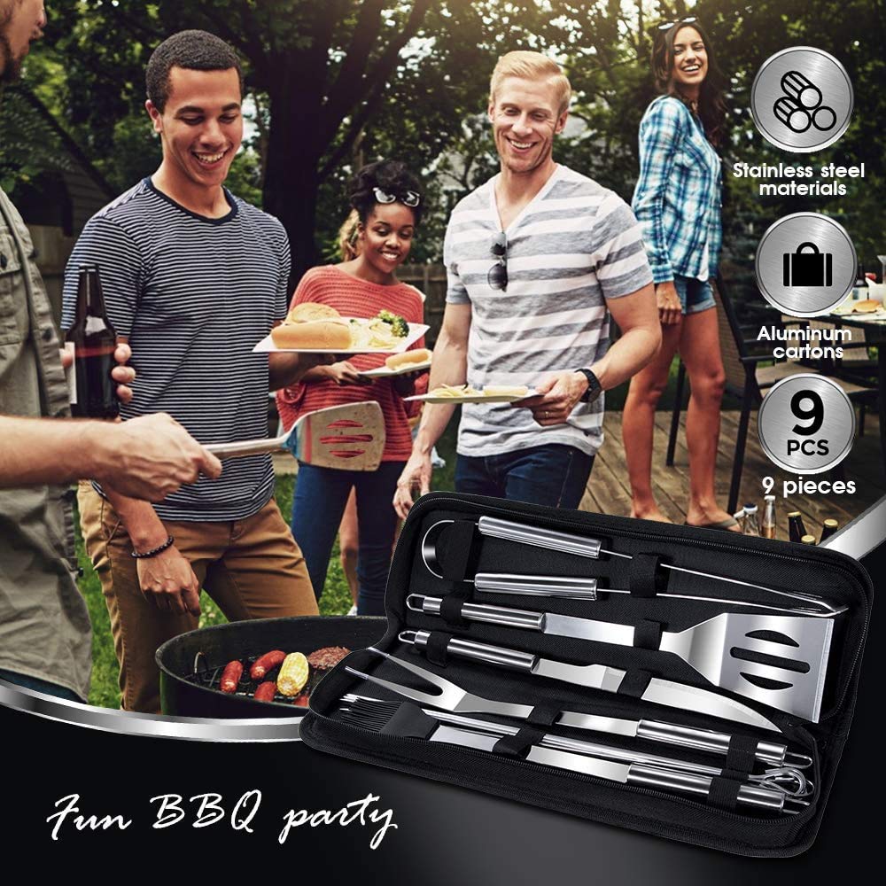Kit Barbecue 9 Pièces en Acier Inoxydable avec Gants 800°C - Ustensiles de Cuisine pour Grillade