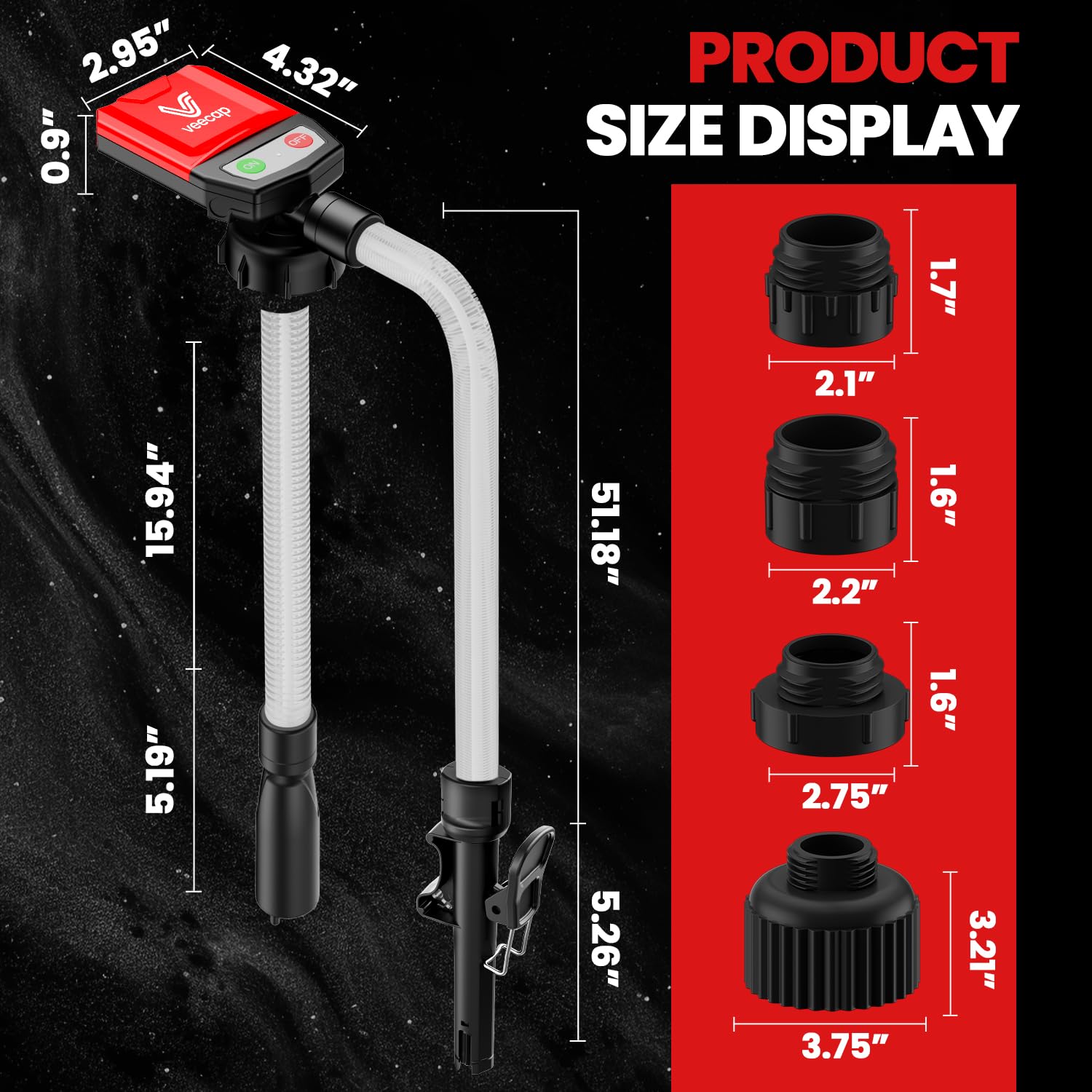 VEECAP Automatic Electric Fuel Transfer Pump with Auto-Stop, 3.8GPM & 51" Hose & 4 Size Adapters Gas Can Pump with Leak Protection for Gasoline, Diesel, Kerosene, Gifts for Men Dad Him - 2nd Gen Black