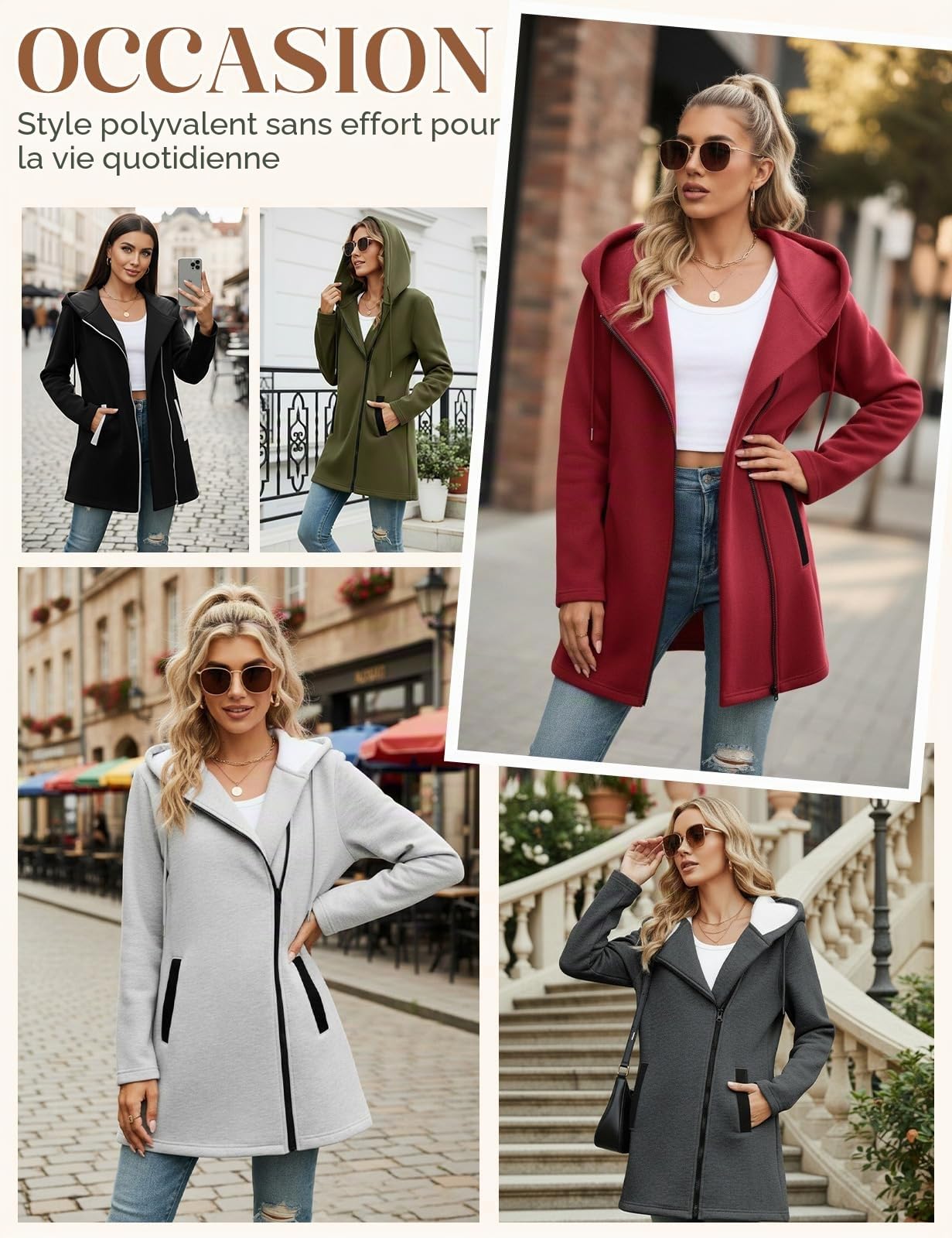 Sweat à Capuche Femme Zippé Veste Polaire Mi Saison Sweatshirt Manches Longue Hoodie Chic Manteau Printemps Automne Casual Sweats avec Poches