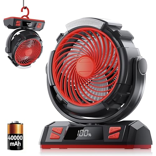 Camping LED Fan with Light, 40000mAh Rechargeable Battery Powered Outdoor Tent Fan with Light and Hook, 6 Speed, Personal USB Desk Fan for Camping, Fishing, Power Outage,Hurricane, Worksite