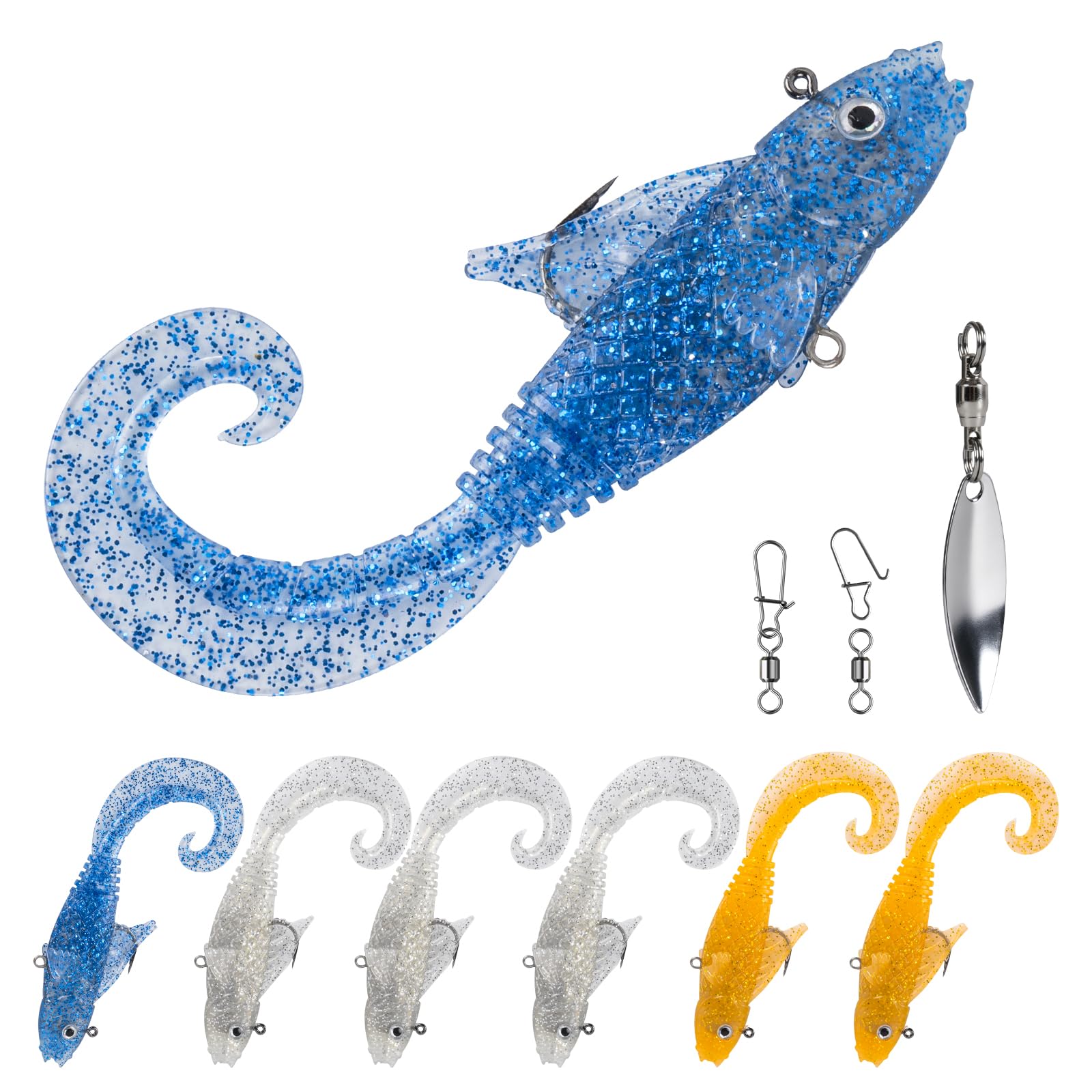 POWJOY 5in Pre-Rigged Curly Tail Swimbaits with Hidden Hook & Loop for Bass