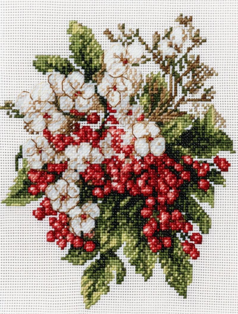 Generic Hawthorn Flowers and Berry Cross Stitch Kits for Beginners Pattern Stamped Cross-Stitch Supplies Needlework DIY 11CT 3 Strands Cotton Thread Printed DIY Needlepoint Kits 40×50cm (CX46)