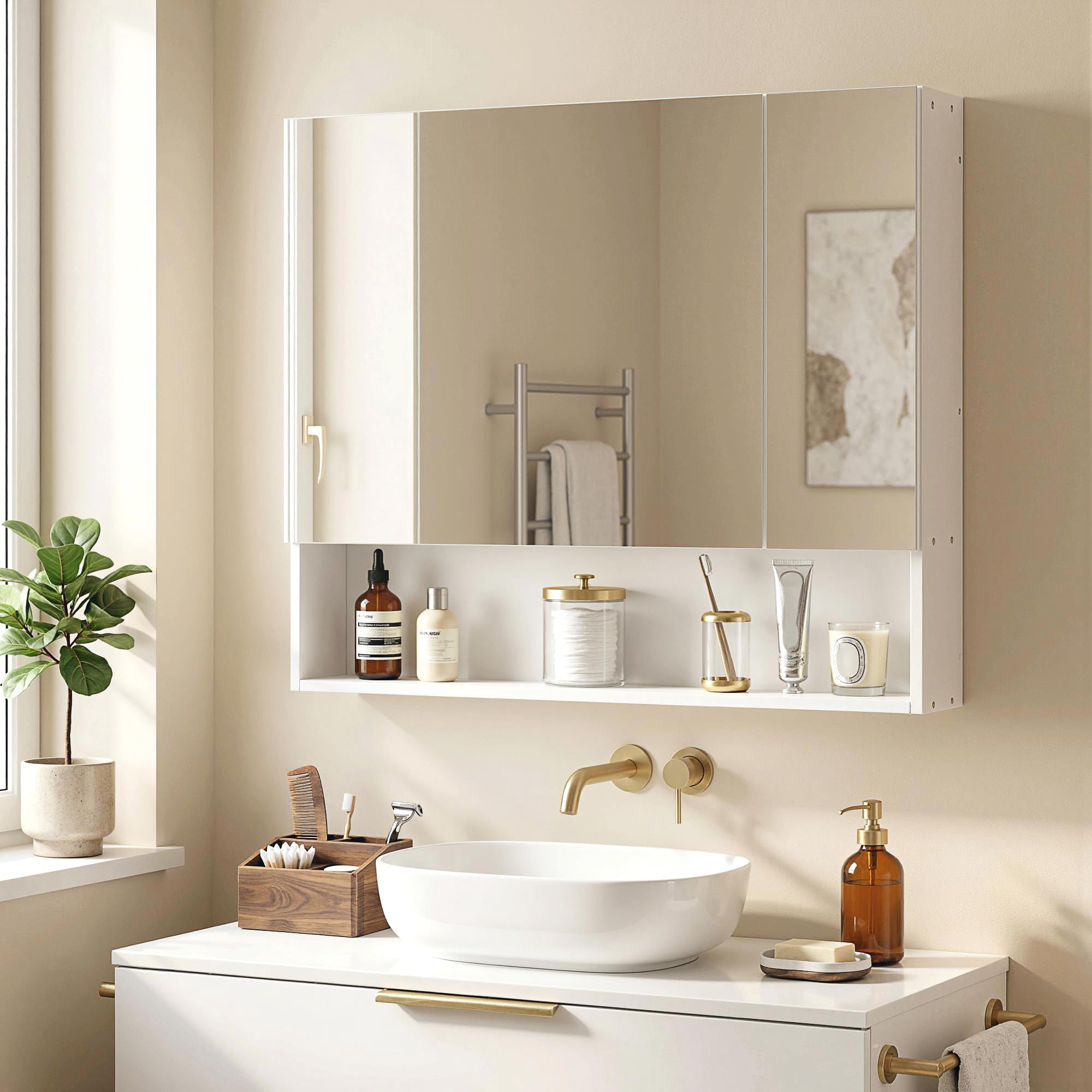 kleankin Armoire Murale Salle de Bain avec Miroir, 90 x 15 x 75 cm, Meuble Salle de Bain, Armoire de Toilette avec 3 Portes Miroir, Compartiment Ouvert et étagères réglables, Blanc