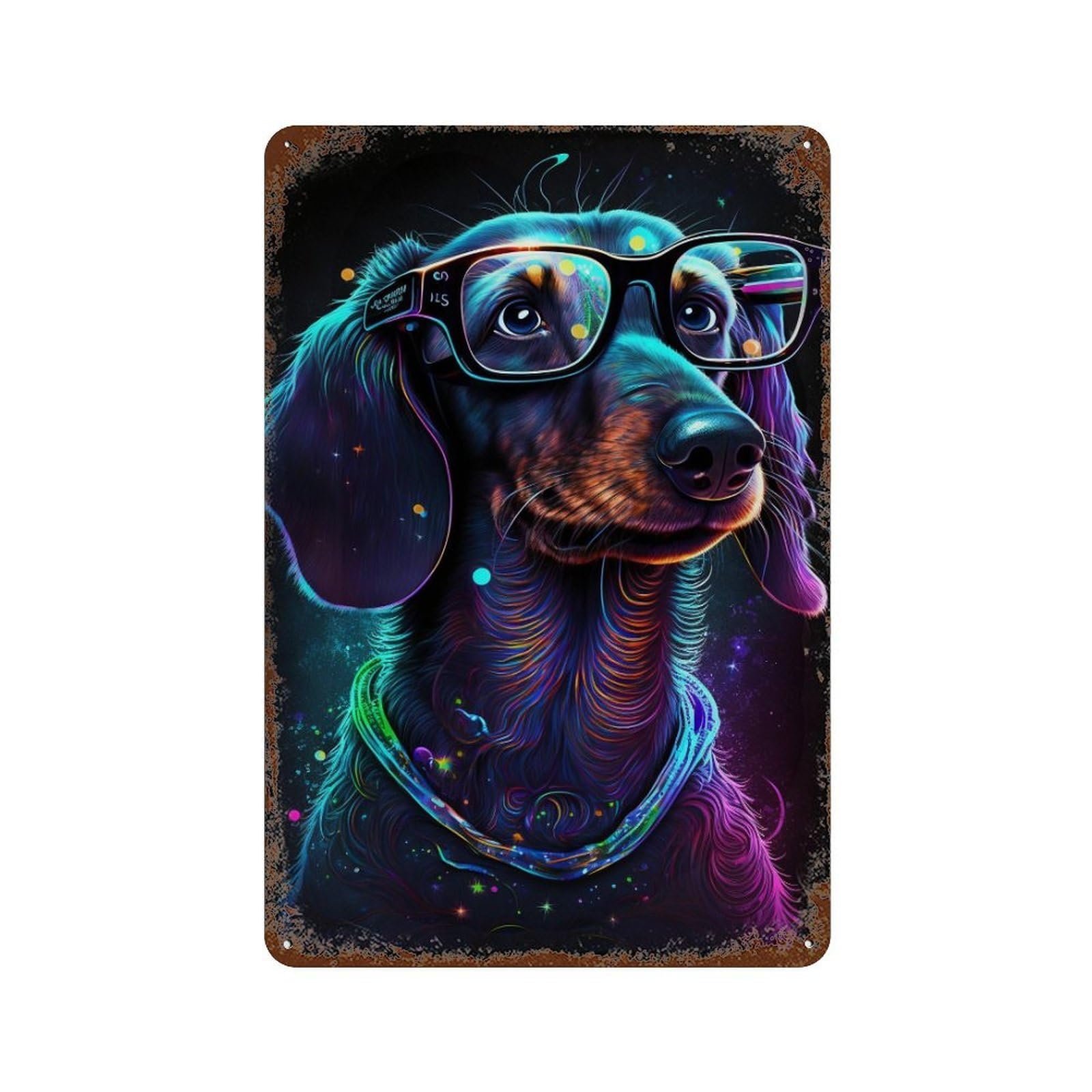 Neon Dachshund Glasses Art Print Rusty Metal Tin Sign 11.8"x7.9", for Farmhouse, Kitchen And Entryway Decor, Rustic Home Decor