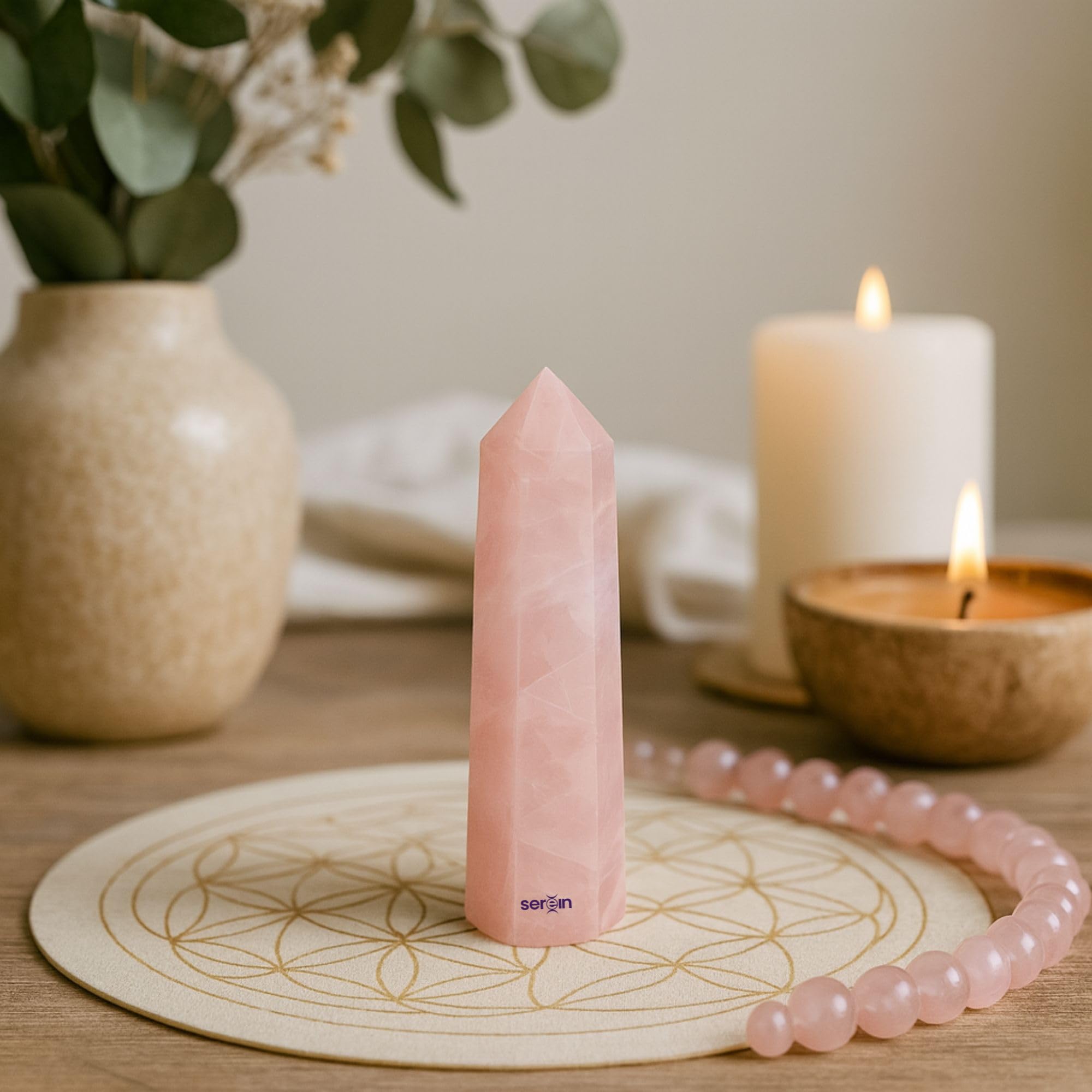 Serein Rose Quartz Tower Natural Healing Crystal 4" Hexagonal Single Point Pink Wand for Love Relationship Compassion, Meditation, Chakra Balancing & Positive Energy Spiritual Home Décor Gift 4