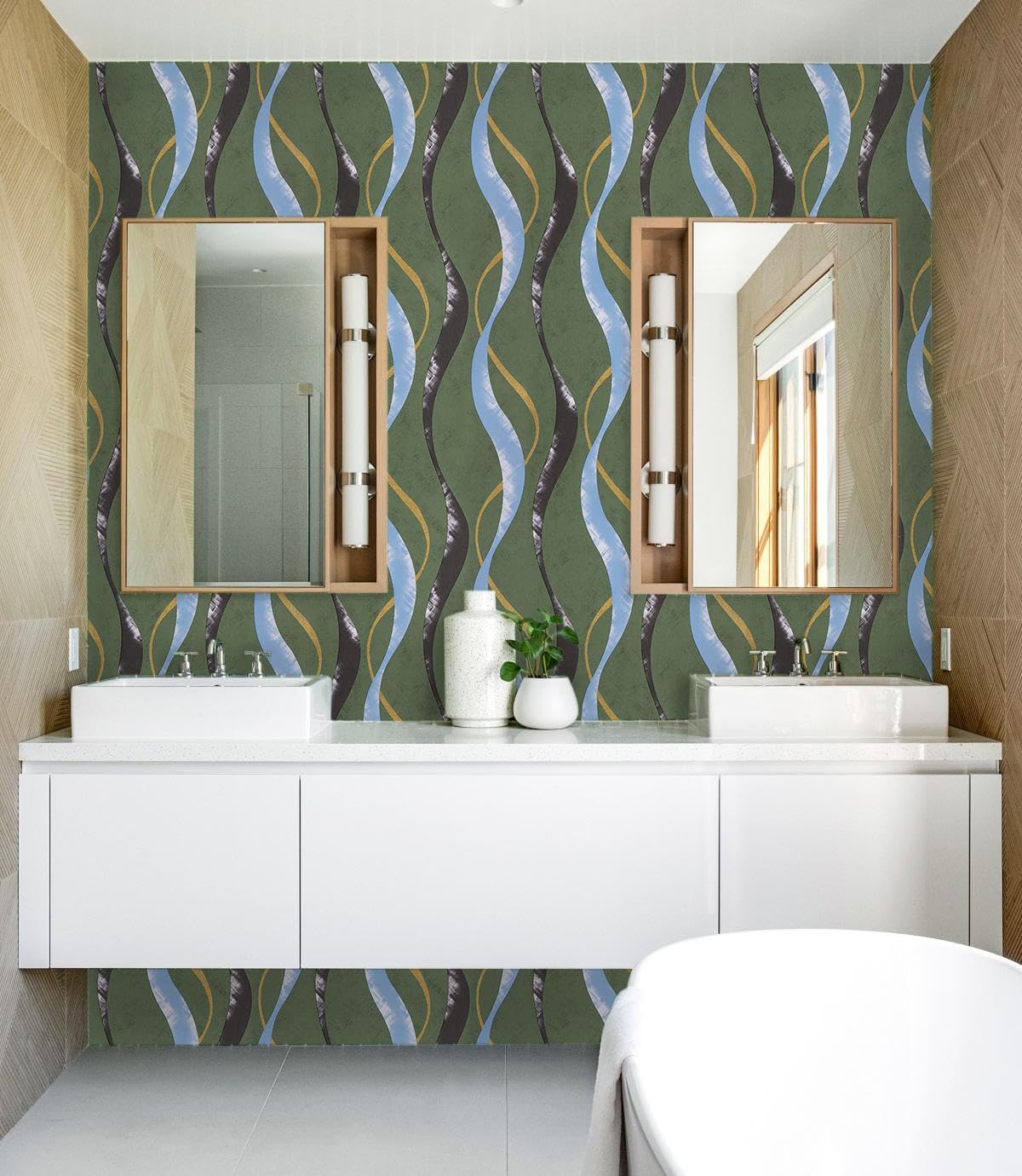 Condition photo showing New/Like New for CiCiwind 17.3" ×197" Green Striped Peel and Stick Wallpaper Modern Abstract Removable Self Adhesive Contact Paper Wave Papel Tapiz para Pared Bedroom Bathroom Decor Vinyl Film Roll