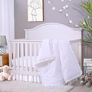 Cloele 3 Pieces Crib Bedding Set Standard Size Baby Bedding Set - Solid Ruffle Quilted Set Includes Comforter Fitted Sheet Crib Skirt for Boys and Girls - Cute Ruffled Nursery Set Baby Crib Set White