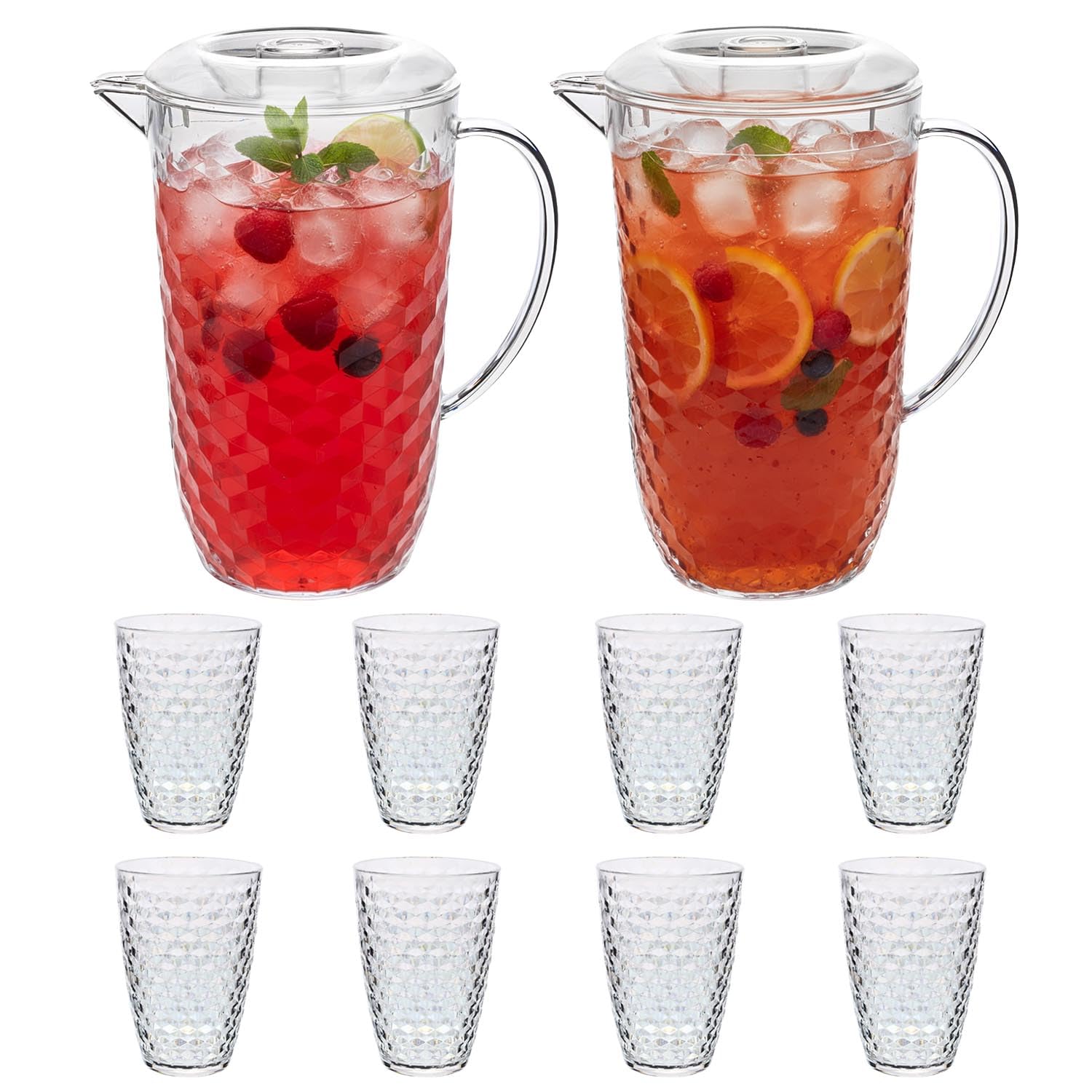 UNIQUE HOME LIVING Clear Acrylic Pitcher 2 Litre Water Jug with Lid, BPA-Free, 2 Juice Jugs with 8 Cups Set for Iced Tea, Lemonade, Cocktails, Cold Beverage Carafe for Fridge - Diamond Design — image 1