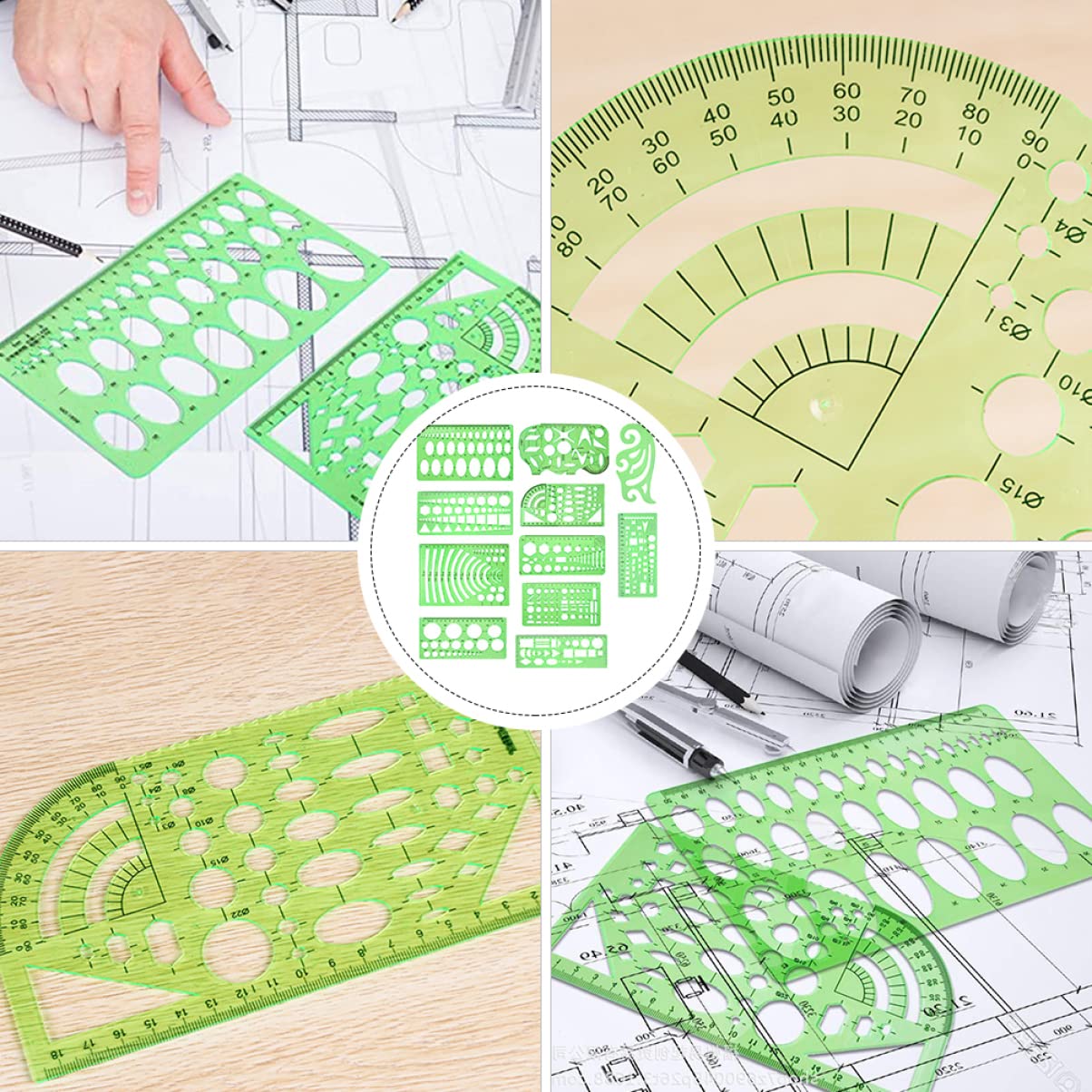 Gatuida Set 11 Pezzi Righelli Geometrici in Plastica Traslucida Stencil di Misurazione per Disegno Tecnico Scolastico e Progettazione Architettonica