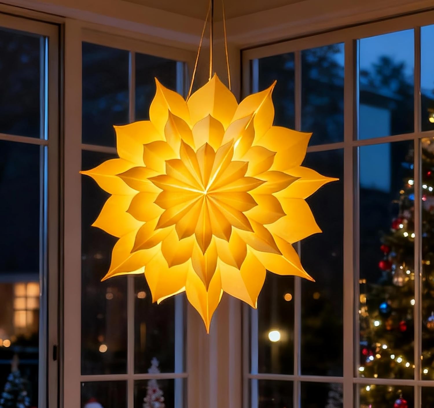 Christmas Star Paper Lanterns - Christmas Hanging Decorations Indoor Star Lights Window Decor, Holiday Party Hanging Lighted Stars Ornaments, 20" Ø White
