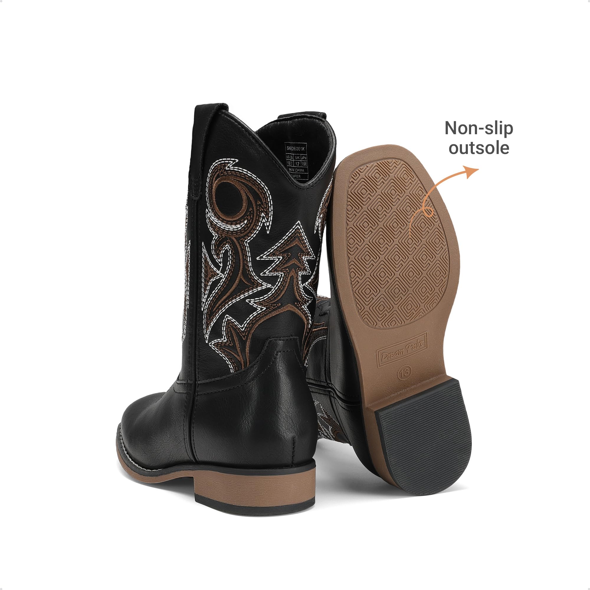 DREAM PAIRS Stivali per bambini: comfort classico | Stivali in cowboy retrò ricamati con punta quadrata, per bambini, con fodera morbida, per feste, Halloween, equitazione