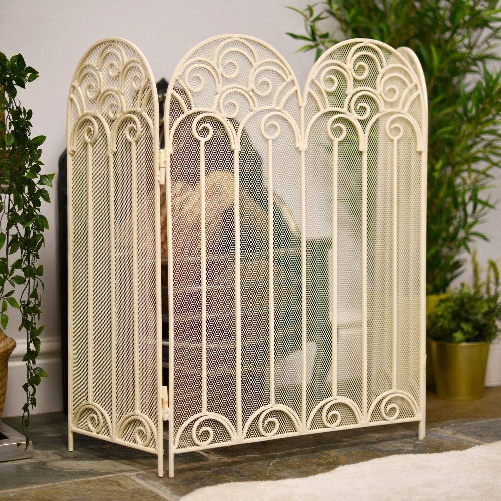 "French Victoriana" Antique Cream Finish Scroll Design Three Fold Fireguard Fire Screen – Classic Style Mesh Guard for Log Burners & Open Fires – Spark & Debris Protection