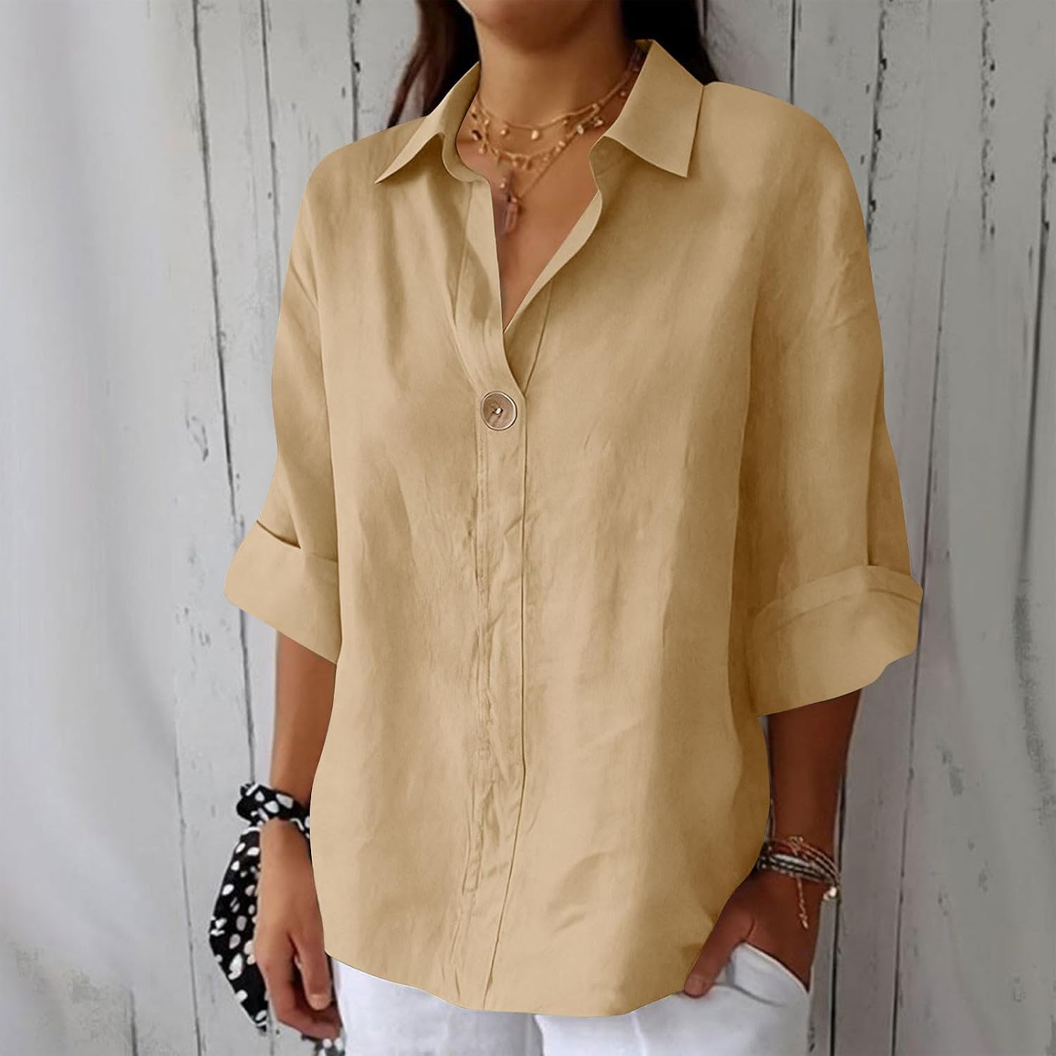 Womens Cotton Linen Shirts 3/4 Sleeve Casual Blouses Fashion Loose Lightweight Fashion Summer Solid Tops