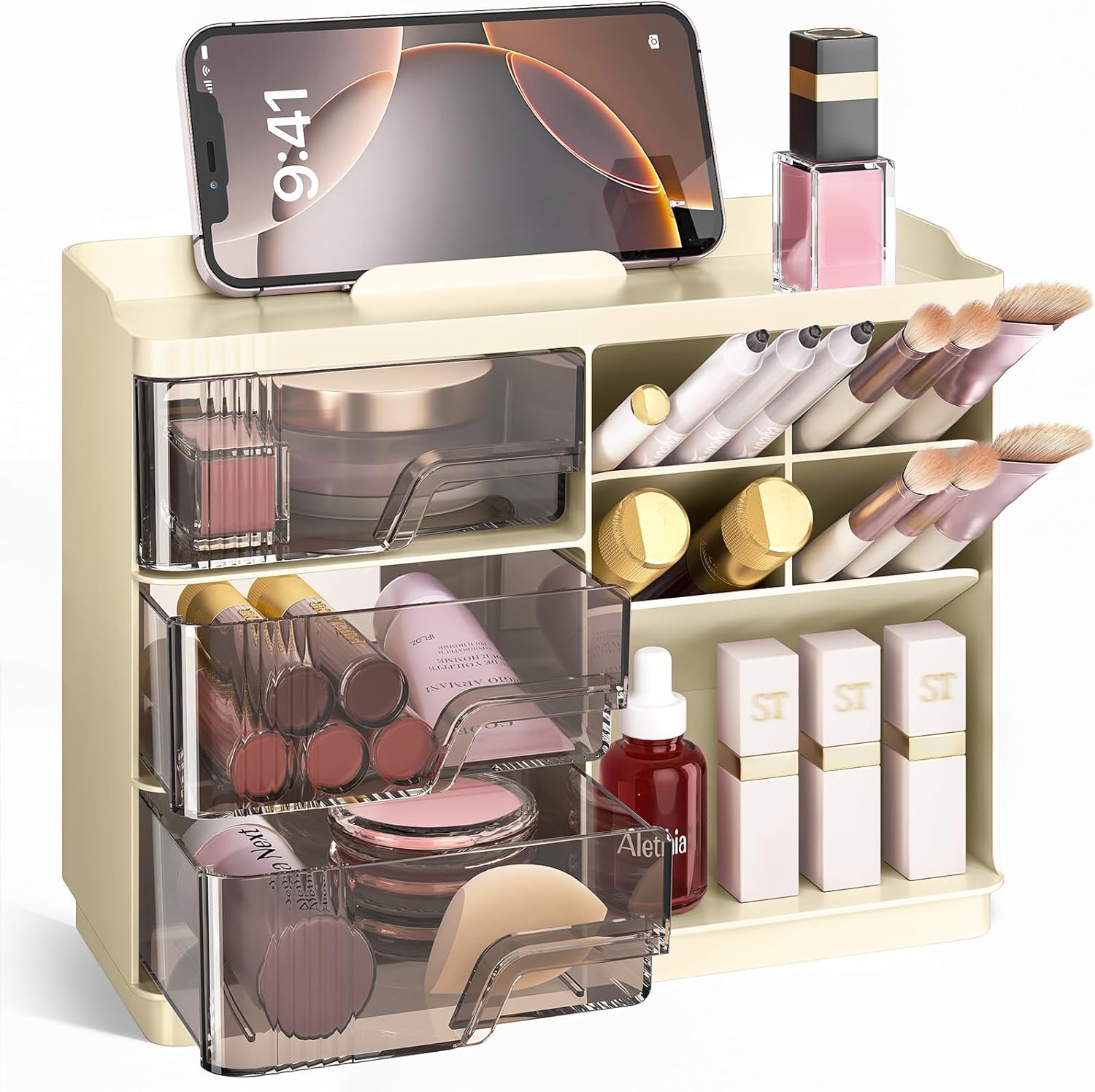 Delamu Makeup Organizer with Drawers — Multi-Function Vanity Organizer Countertop, Stackable Desk Organizer for Makeup Brush Lipstick Skincare Bathroom Vanity Organization and Storage (Yellow)