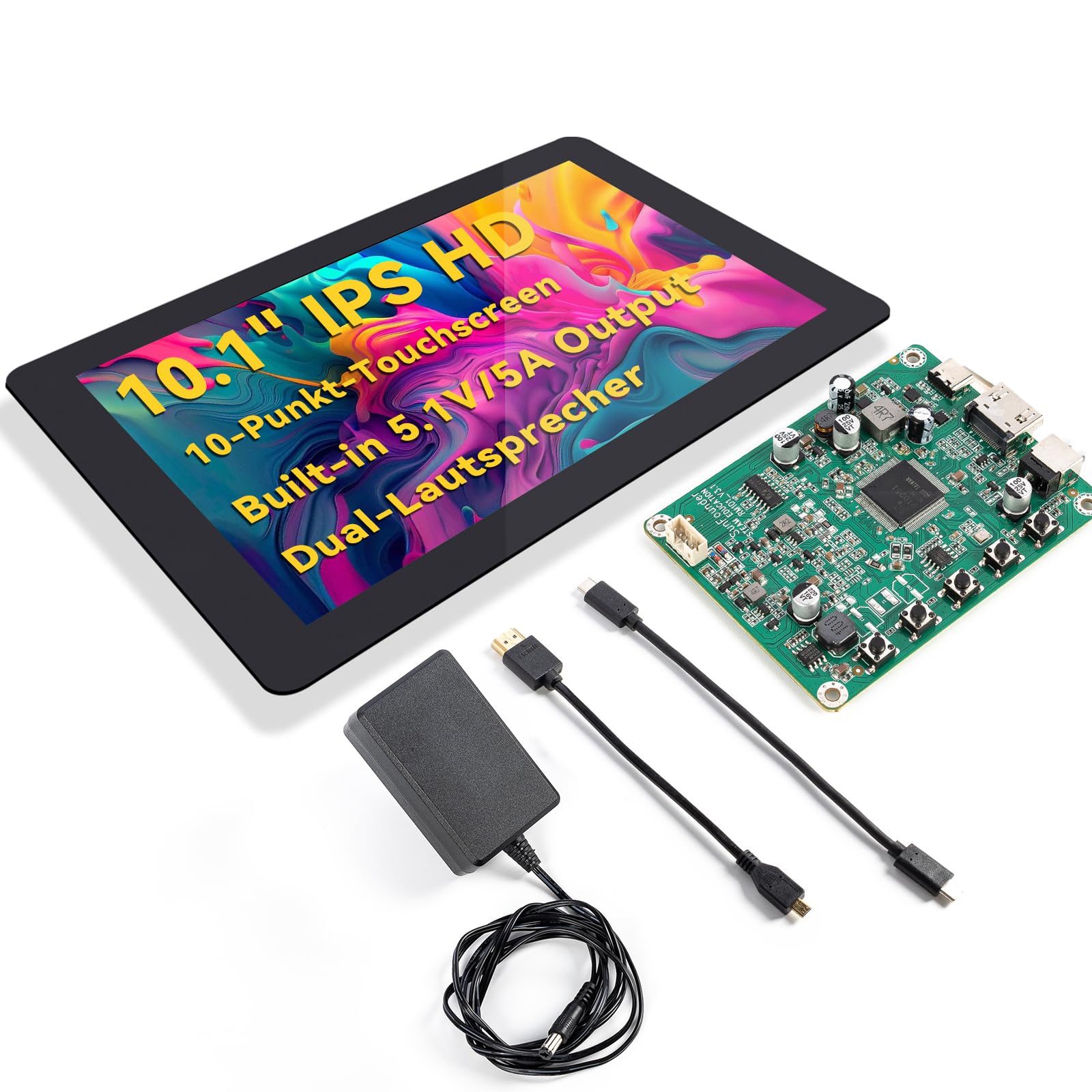 SunFounder Neueste 10 Zoll DIY Touchscreen All-In-One Lösung für Raspberry Pi 5, IPS HD 1280x800 LCD, Eingebauter 5.1V/5A Ausgang, HDMI, 10-Punkt, Kein Treiber, Lautsprecher, für RPi 5/4/3/Zero 2W