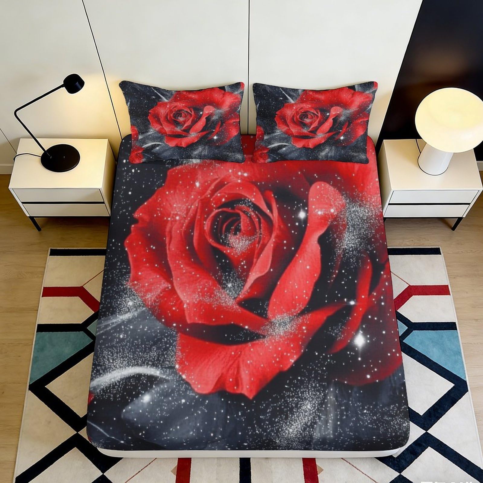 3D Printed Red Rose Fitted Sheet Microfiber Non Slip Black Sparkle Mattress Cover for Bedroom Guest Room Decor 90x200x25cm