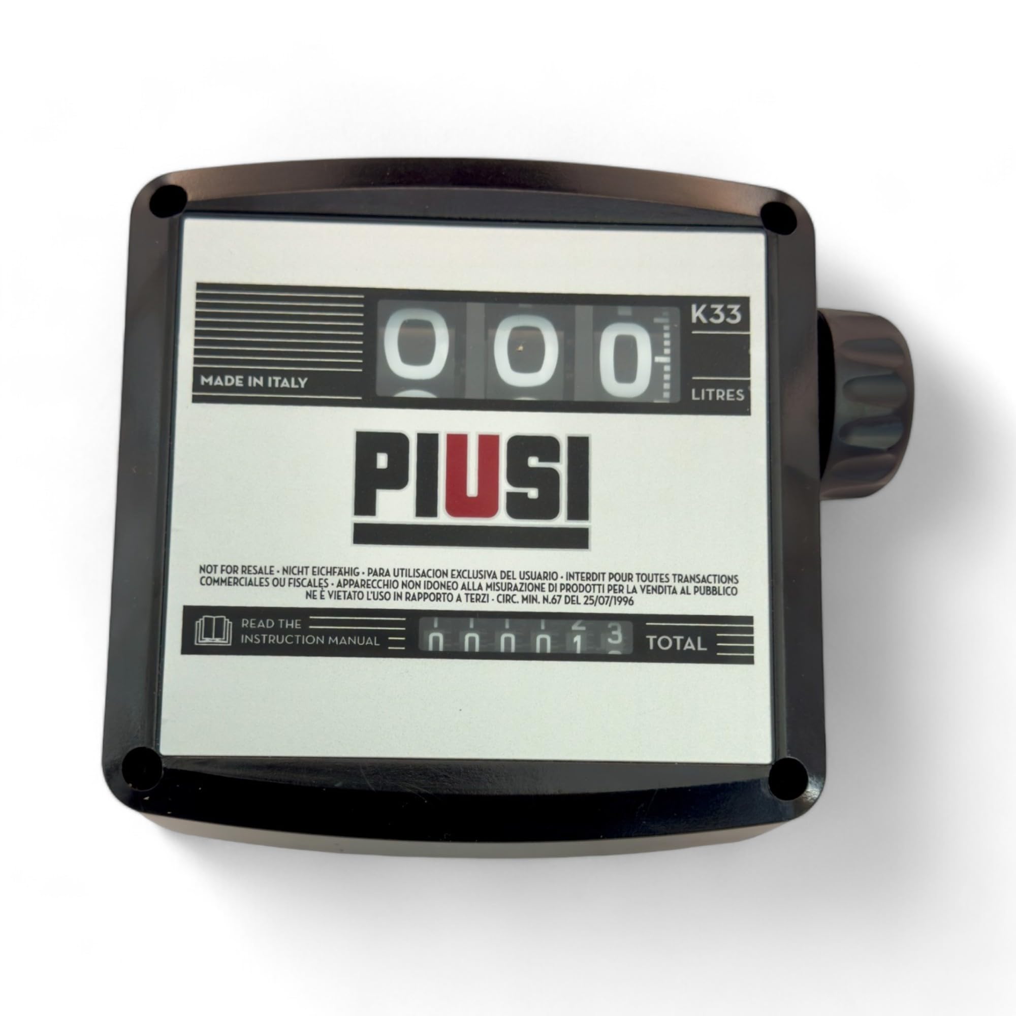 PIUSI Contalitri Meccanico a 3 cifre per Carburante Diesel, Portata Fino a 120 l/min, Attacco 1" BSP, Regolabile in 4 direzioni di Flusso, Contatore Parziale + Totale | K33