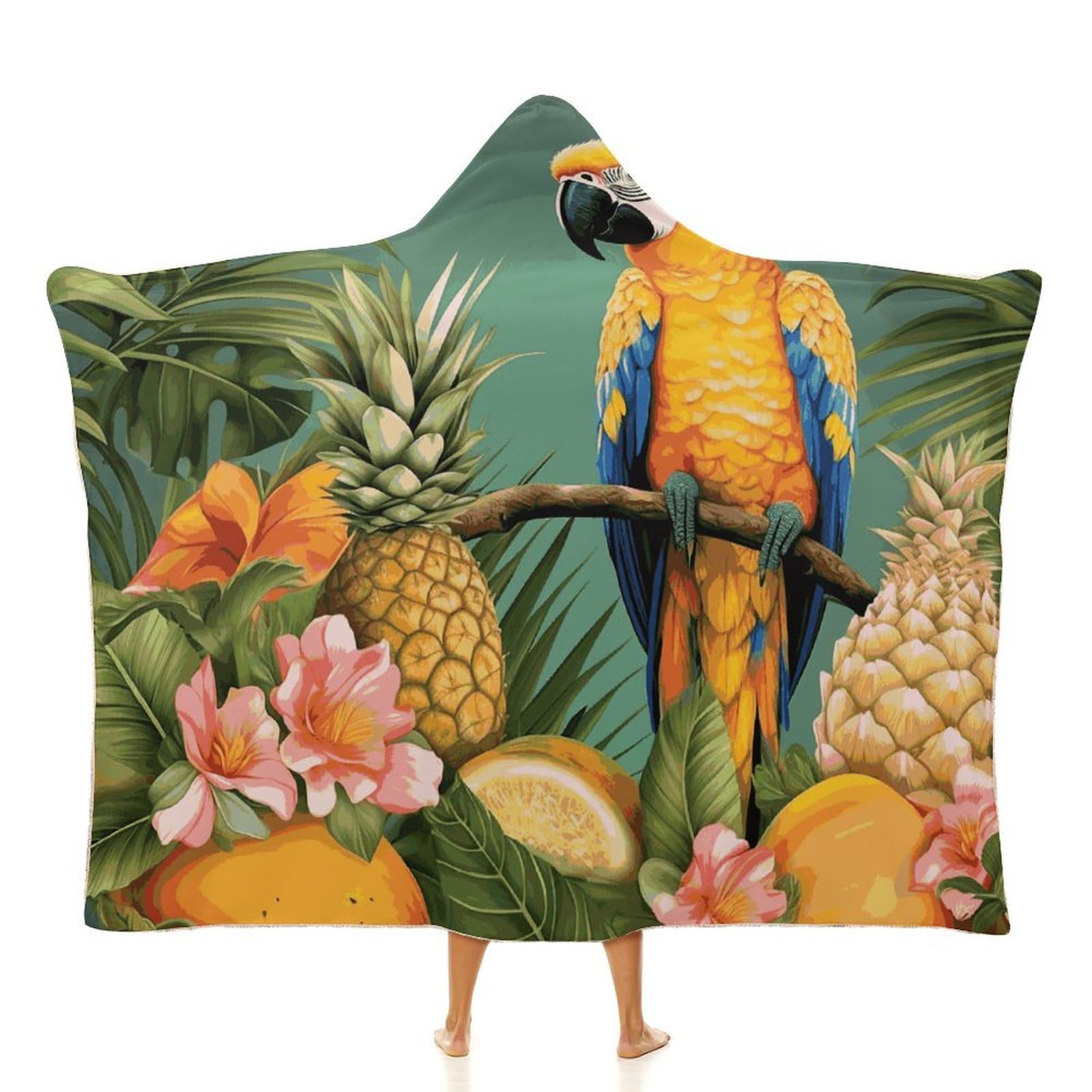 Summer Parrot Pineapple Bird Hooded Blanket Soft Wearable Blankets Cozy Hoodie Throw Cloak Wrap Poncho Cape Blanket 60"x80"
