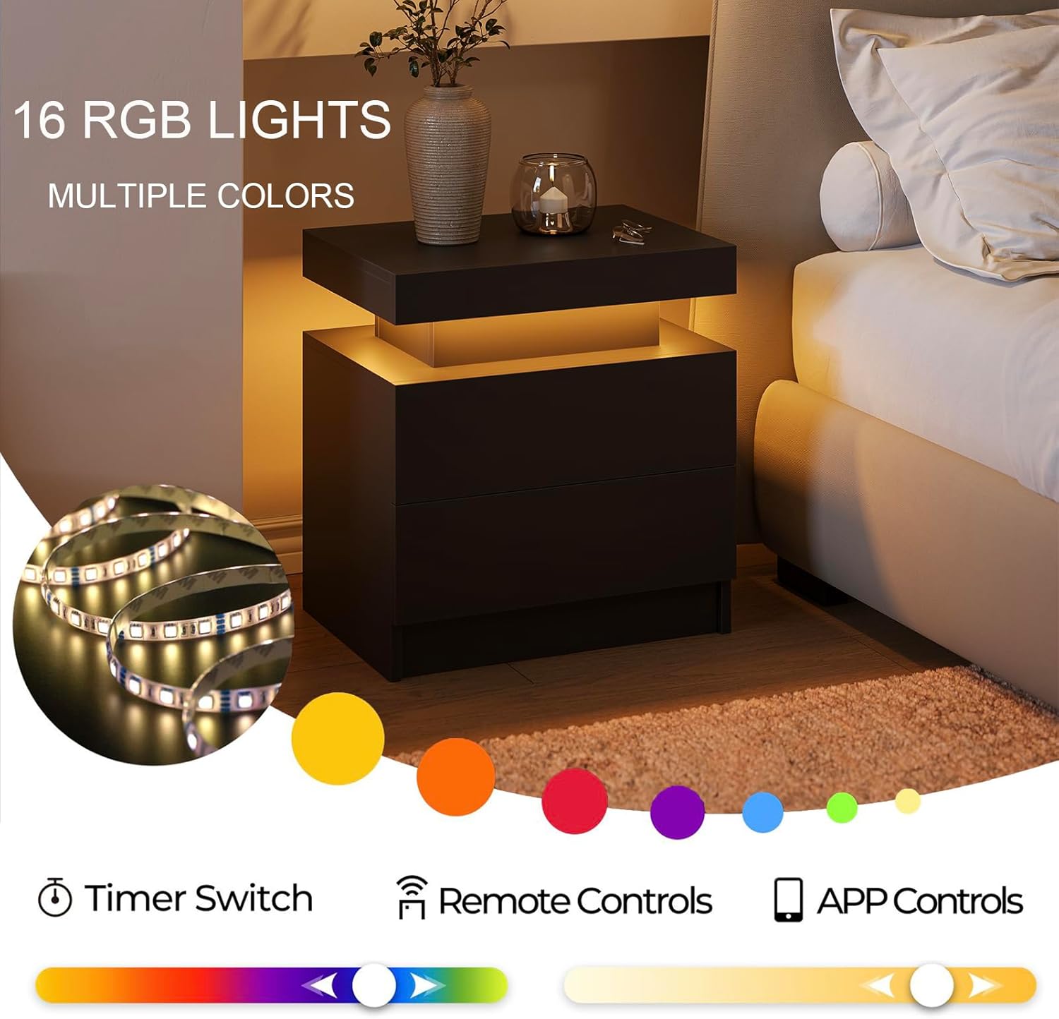 Remote control for LED lights and various color options displayed next to the nightstand.