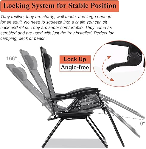 Miniatura 6 de Zero Gravity - Juego de 2 sillas plegables reclinables ajustables, silla de césped con almohada y bandeja portavasos, silla plegable para