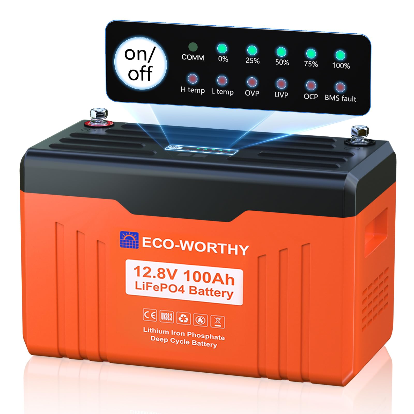 ECO-WORTHY 12V 100AH LiFePO4 Lithium Battery with SOC Display, Upgrade 2.0 with built-in Bluetooth, 100A BMS with Low-Temp Protection, Suitable for RV, Camping, Solar Off-Grid trolling motor