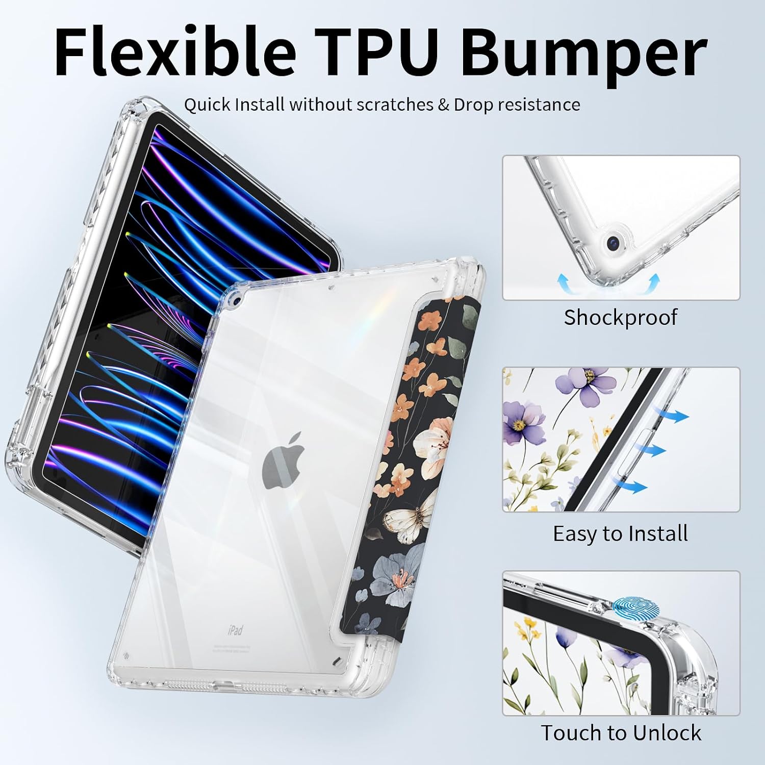 Case for iPad 9th Generation, iPad 10.2 Inch 9th/8th/7th Generation Case with Pencil Holder, Slim Shockproof Clear Back Cover, Auto Sleep, Black&Flower image 3