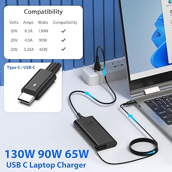 130W USB C Laptop Charger Compatible with Dell XPS 15 17 2in1 9575 9500 9700 Latitude 5280 5420 7210 7410 7480 Precision 5530 2in1 5550 5750 3560 DA130PM170 Power Adapter Cord Supply