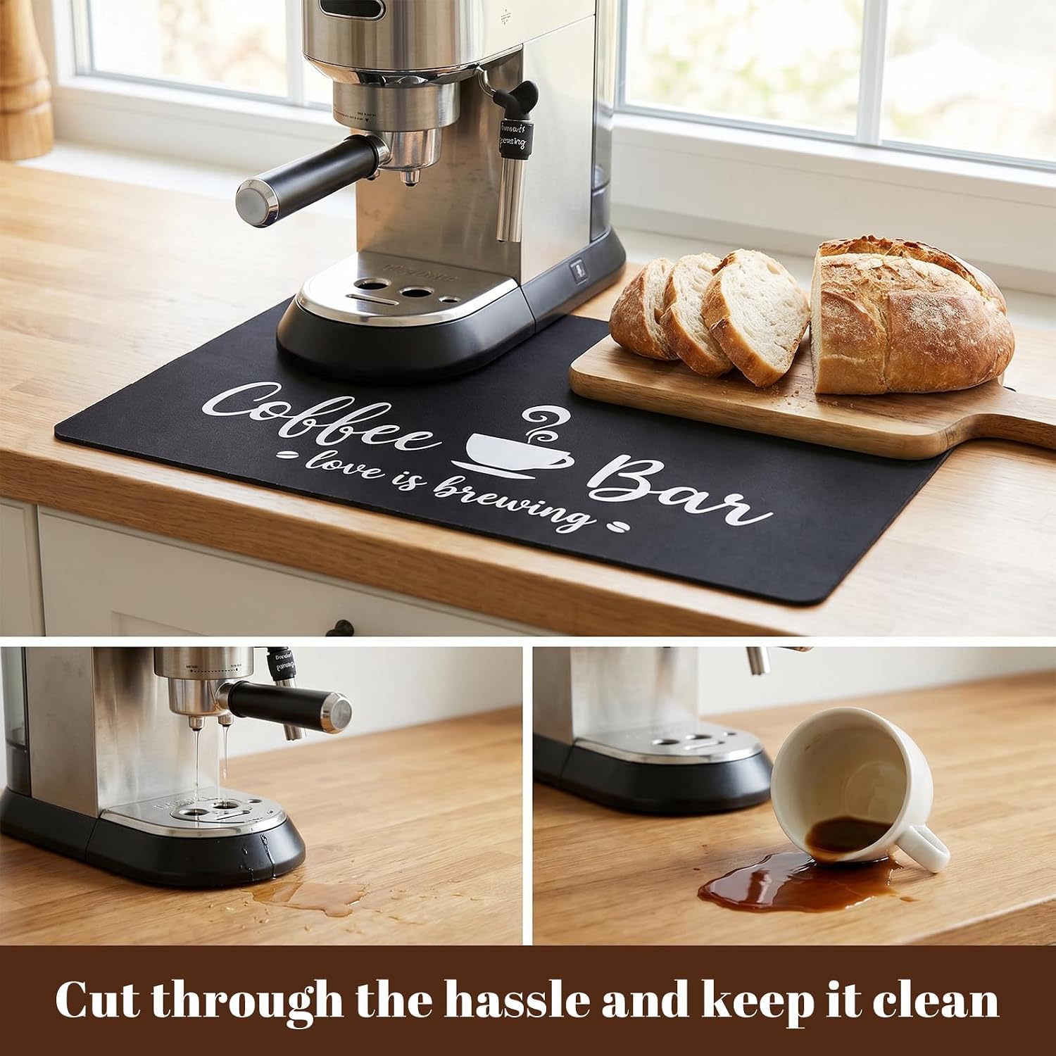 3 Pack Coffee Bar Mat for Countertop 16x24 Inch Absorbent Dish Drying Mat, Non Slip PU Surface Rubber Backing, Hide Stain Coffees Station Mats for Kitchen Coffee Bar Accessories, Black