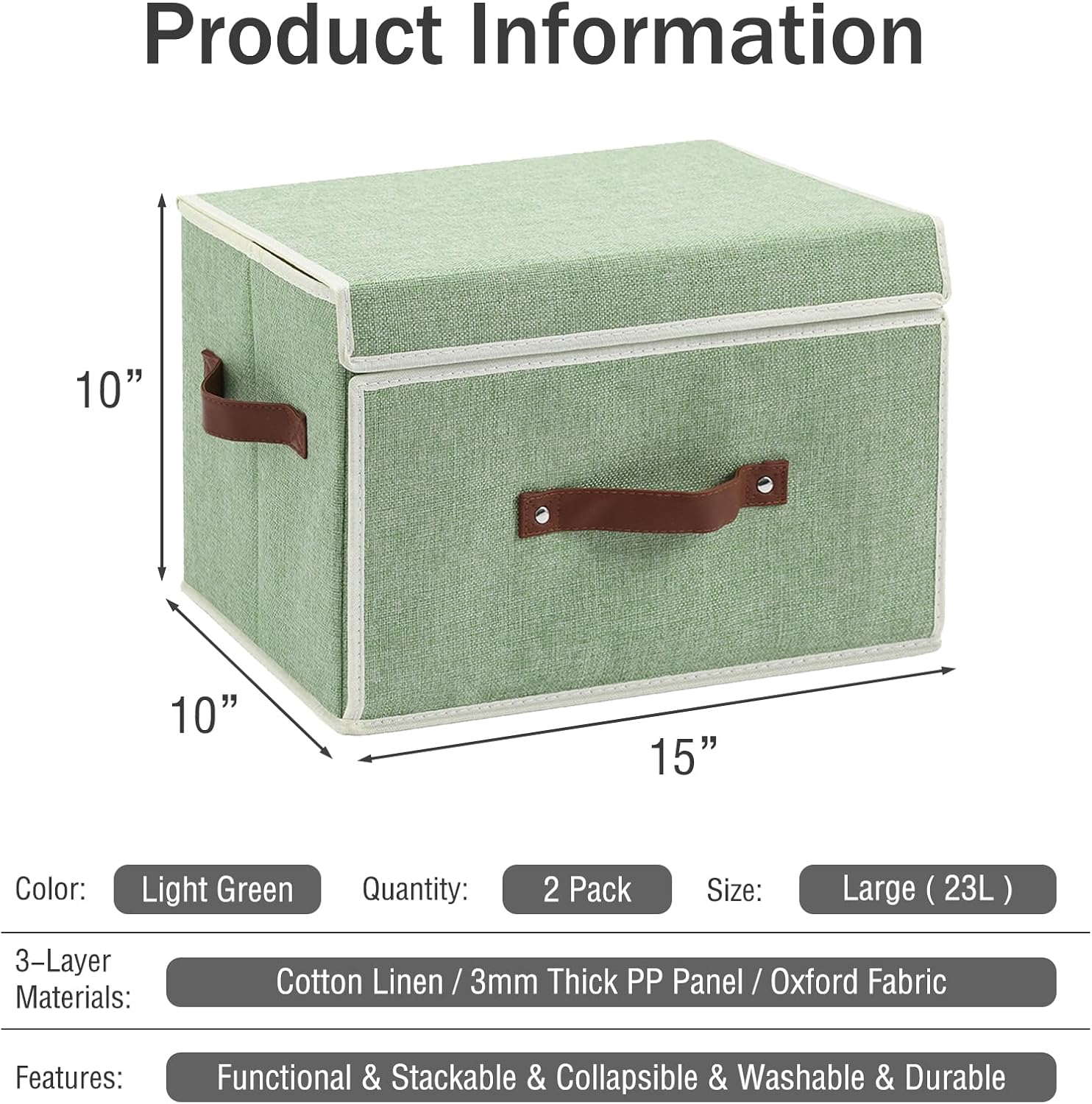 2PCS Storage Bins Box with Lids Front Opening Window Decorative Cotton Linen Fabric Basket PU Leather Handles PP Board Foldable Washable Shelf Closet Organizer Container (Light Green, Large)