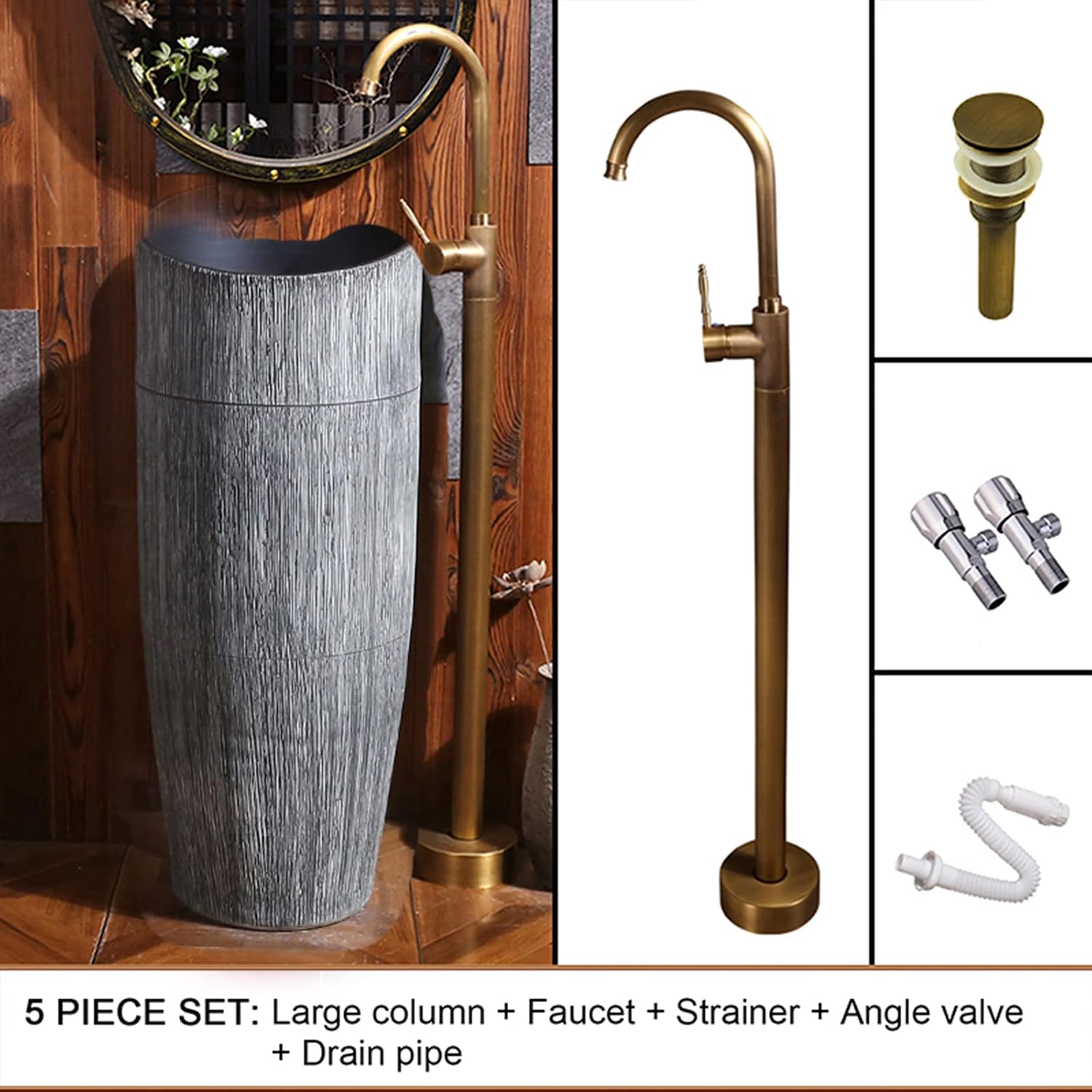 Pedestal Bathroom Sink Ceramics Retro Industrial Style Deco with Pedestal Hard and Easy to Clean Floor Standing Basin Unit, Kaolin Clay Sink Bathroom Countertop,A,Without Mirror (A Without Mirror)