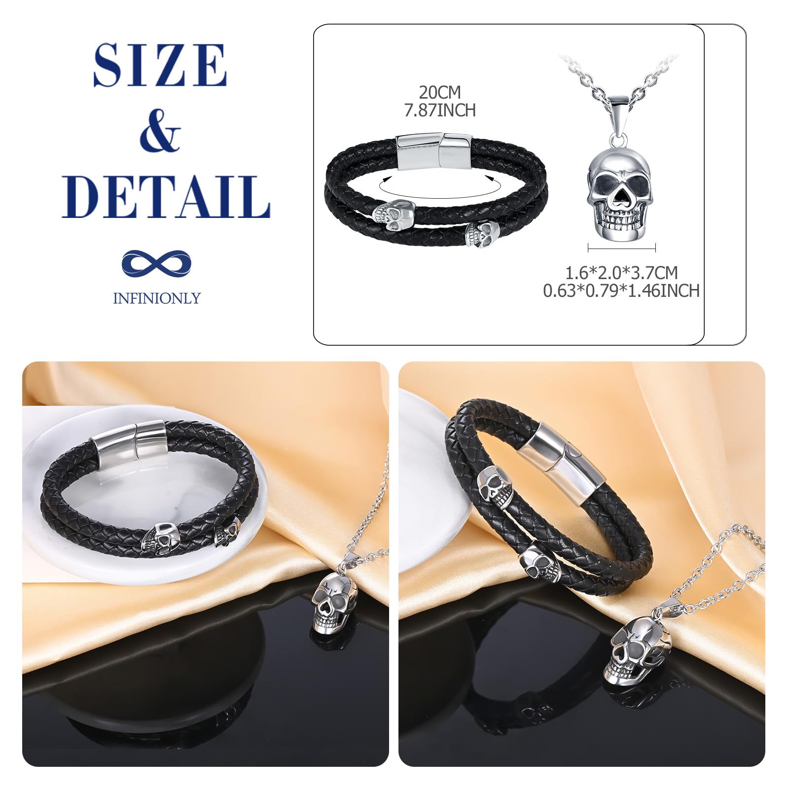 Homme Colliers et Bracelet en Acier Inoxydable Mode Parures de Bijoux pour Garçons Adolescents Bracelet en Cuir Tressé Multicouche I0422
