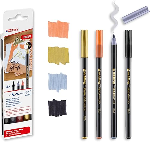 edding 1340 juego de bolígrafos de pincel - 4 bolígrafos - dorado metálico, negro, gris, albaricoque - punta de pincel flexible 0.039-0.236 in -